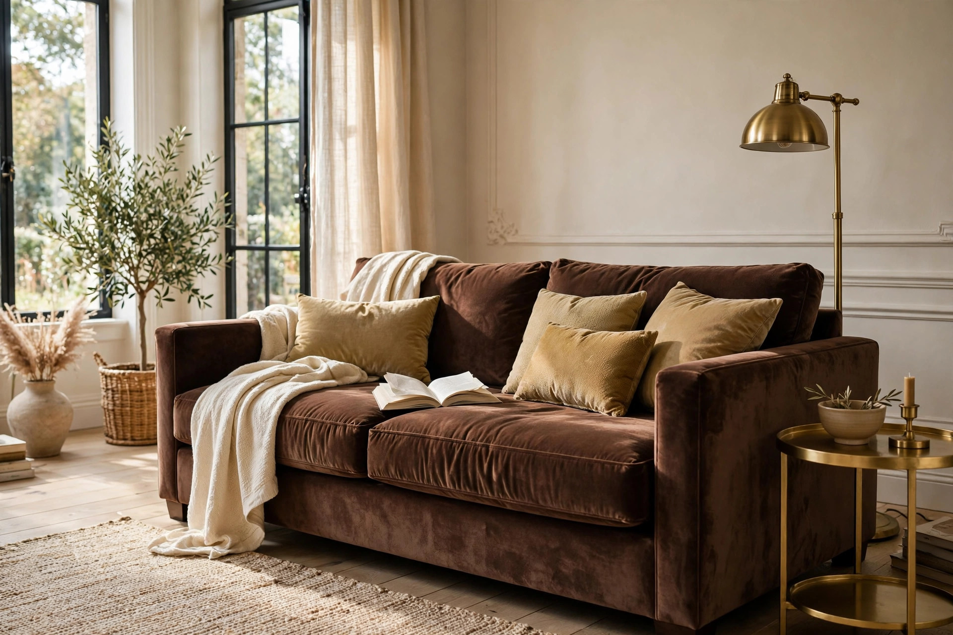 Brown and gold living room with a chocolate brown velvet sofa, gold cushions and a brushed brass floor lamp