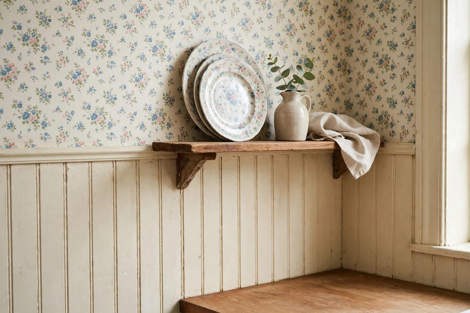 Grandma core kitchen corner with ditsy floral wallpaper above cream beadboard and a shelf of floral plates