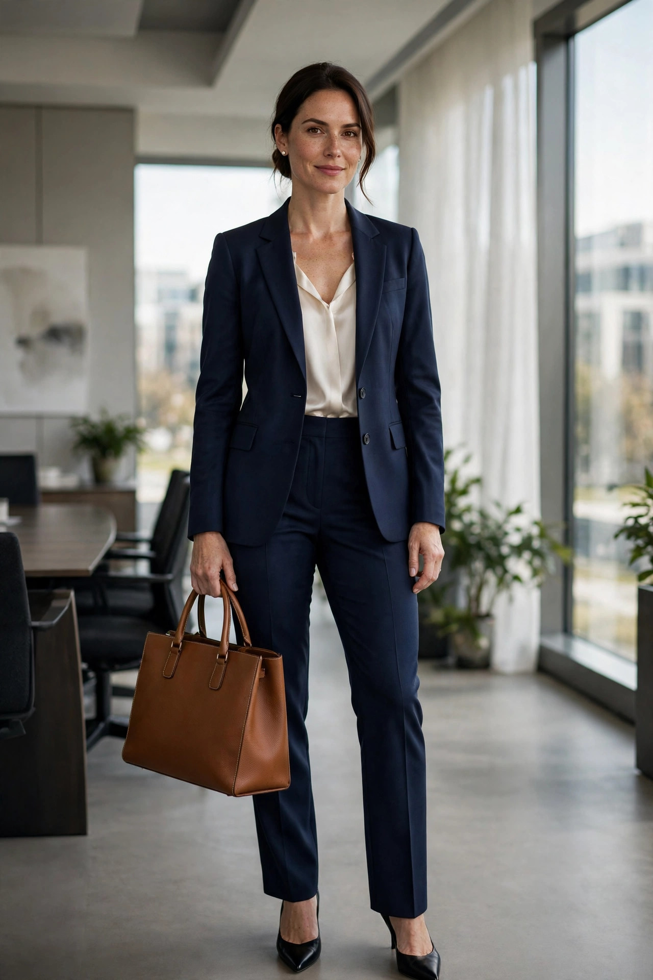 Woman in a navy blue pantsuit with an ivory silk shell blouse and a structured tote in a boardroom — office outfit for women in a male-dominated workplace