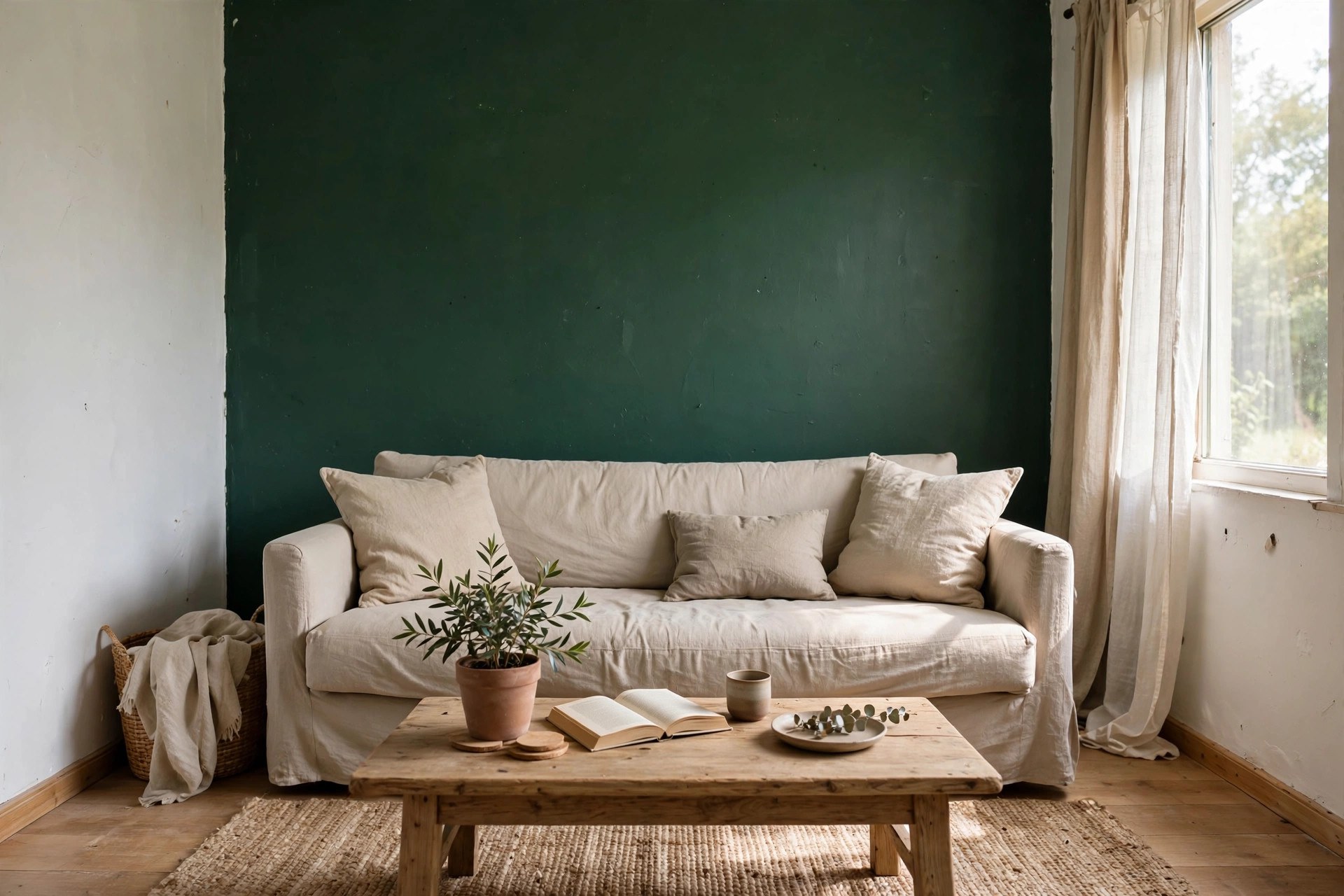 Budget living room makeover with one deep green painted accent wall behind a neutral sofa