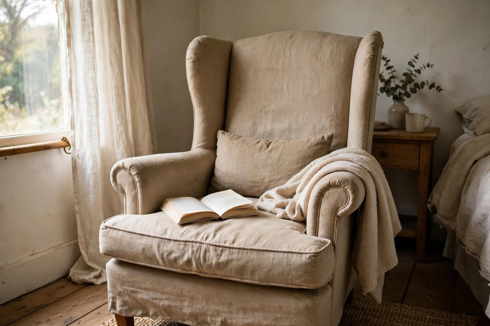 Reading nook ideas start with a deep upholstered armchair with a high back in a bedroom corner