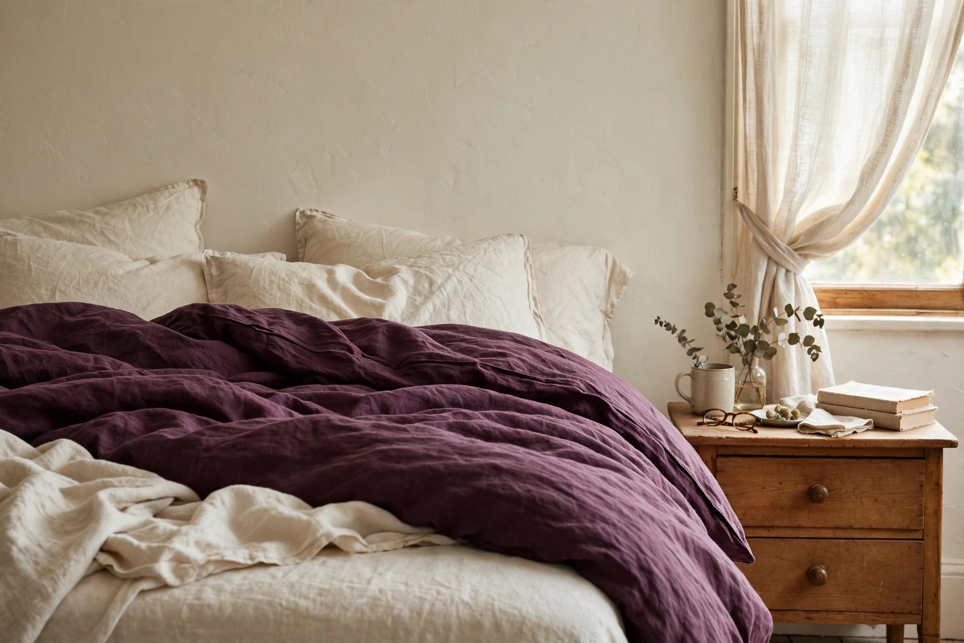 Plum noir bedroom ideas starting with deep plum linen bedding layered over cream sheets