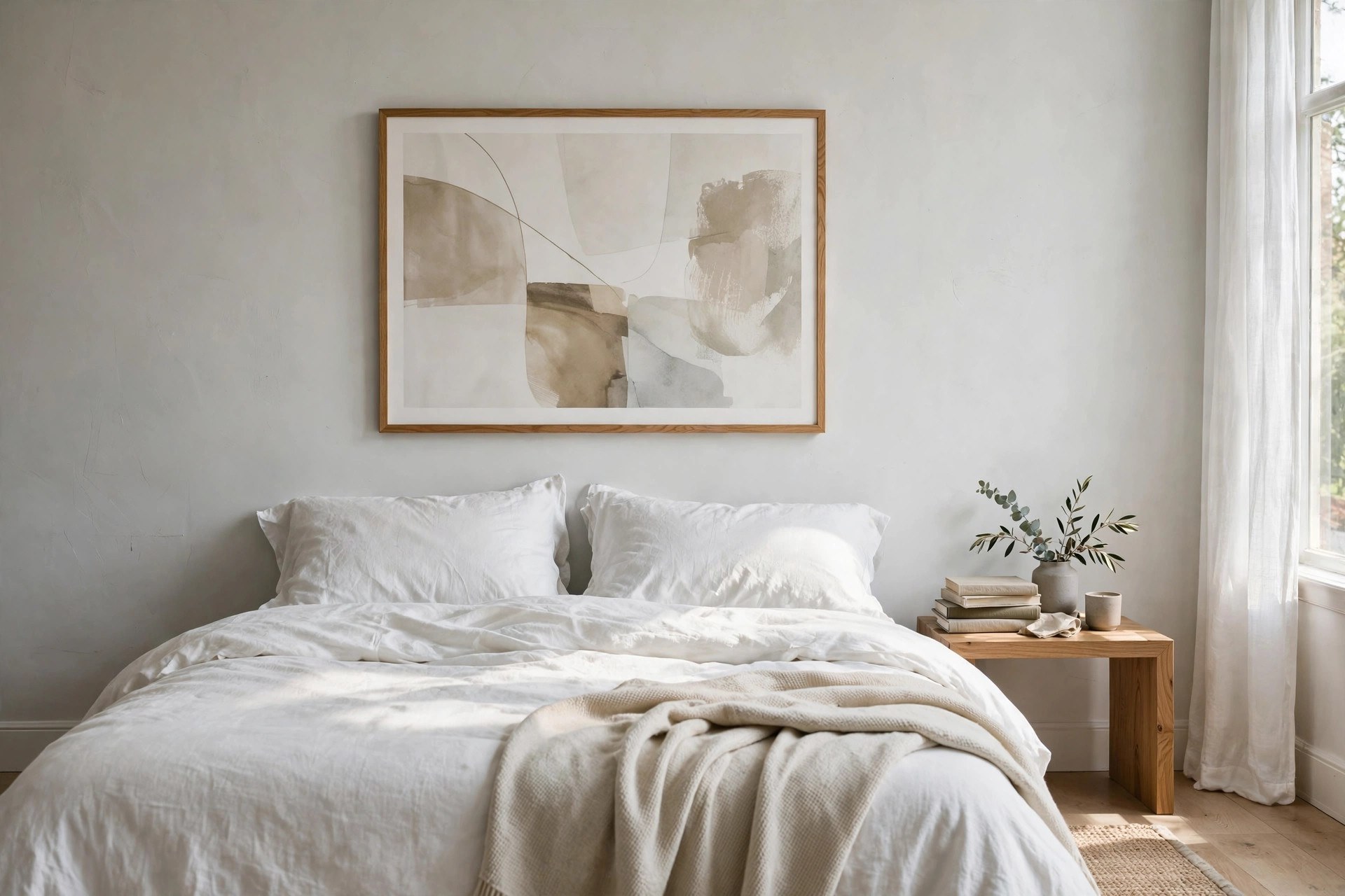 Oversized framed abstract print hung low above a bed with no headboard, above bed decor ideas