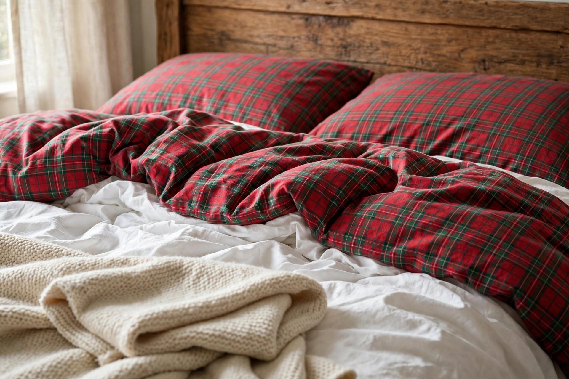 Christmas bedroom ideas with a red and green plaid flannel bedding set layered over white sheets