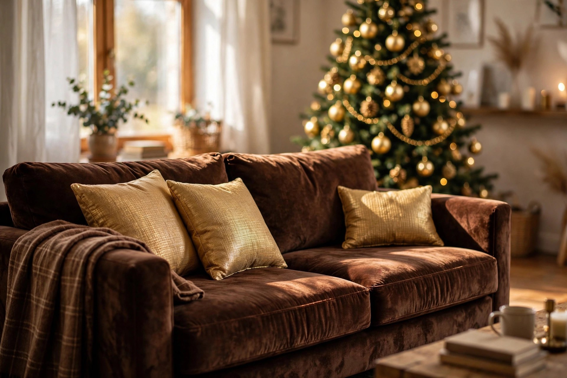 Brown velvet sofa with gold cushions beside a Christmas tree in a brown and gold Christmas living room