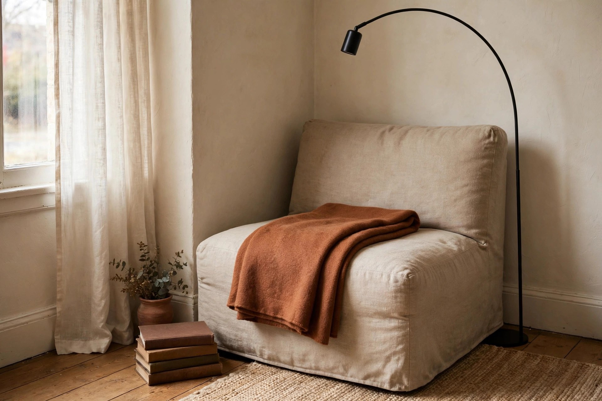 Armless slipper chair in oatmeal linen, a comfy reading chair for small spaces tucked into a tight corner with a rust throw and arc lamp