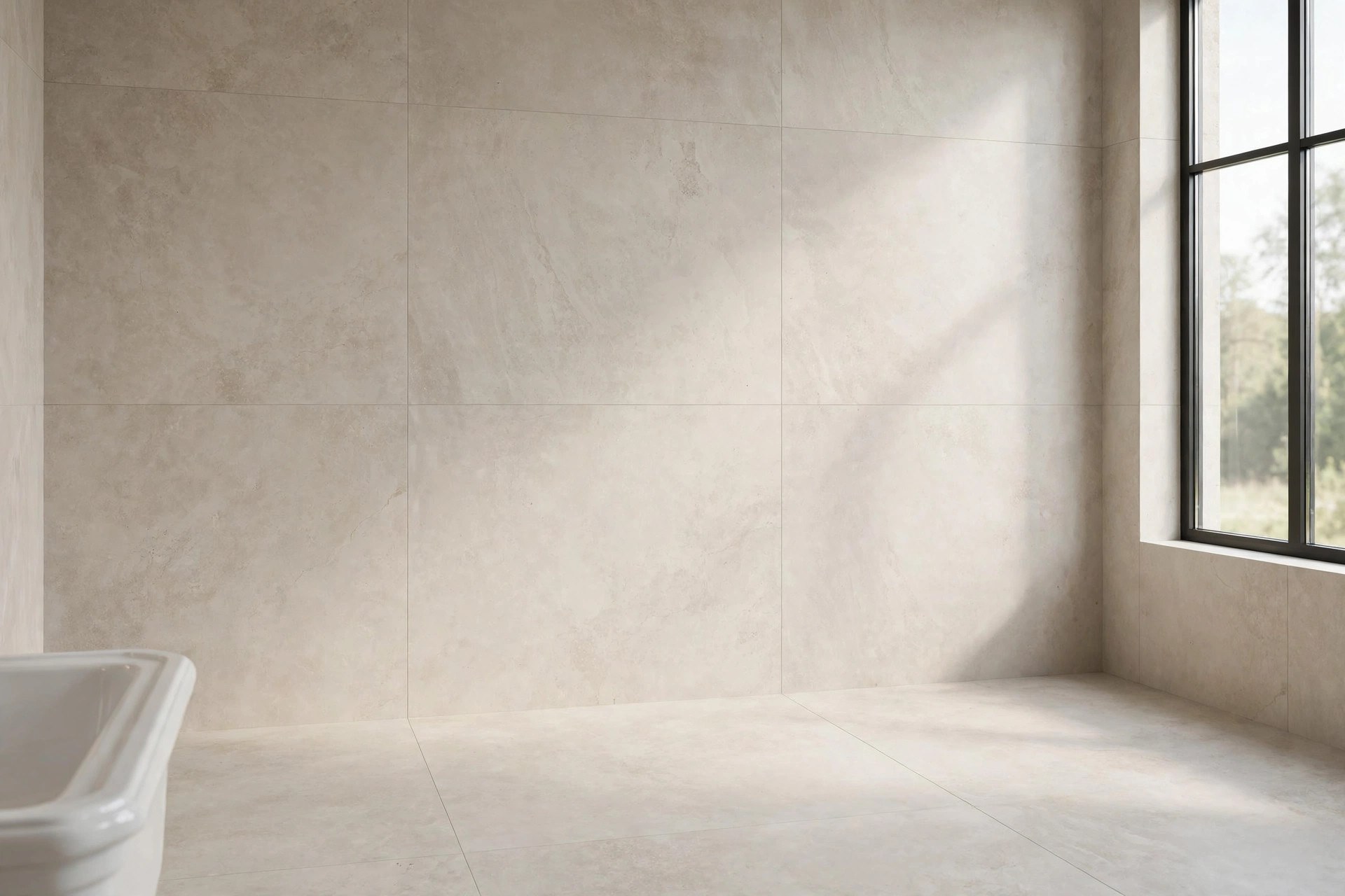 Large-format pale stone tiles with minimal grout lines in a small bathroom that looks bigger