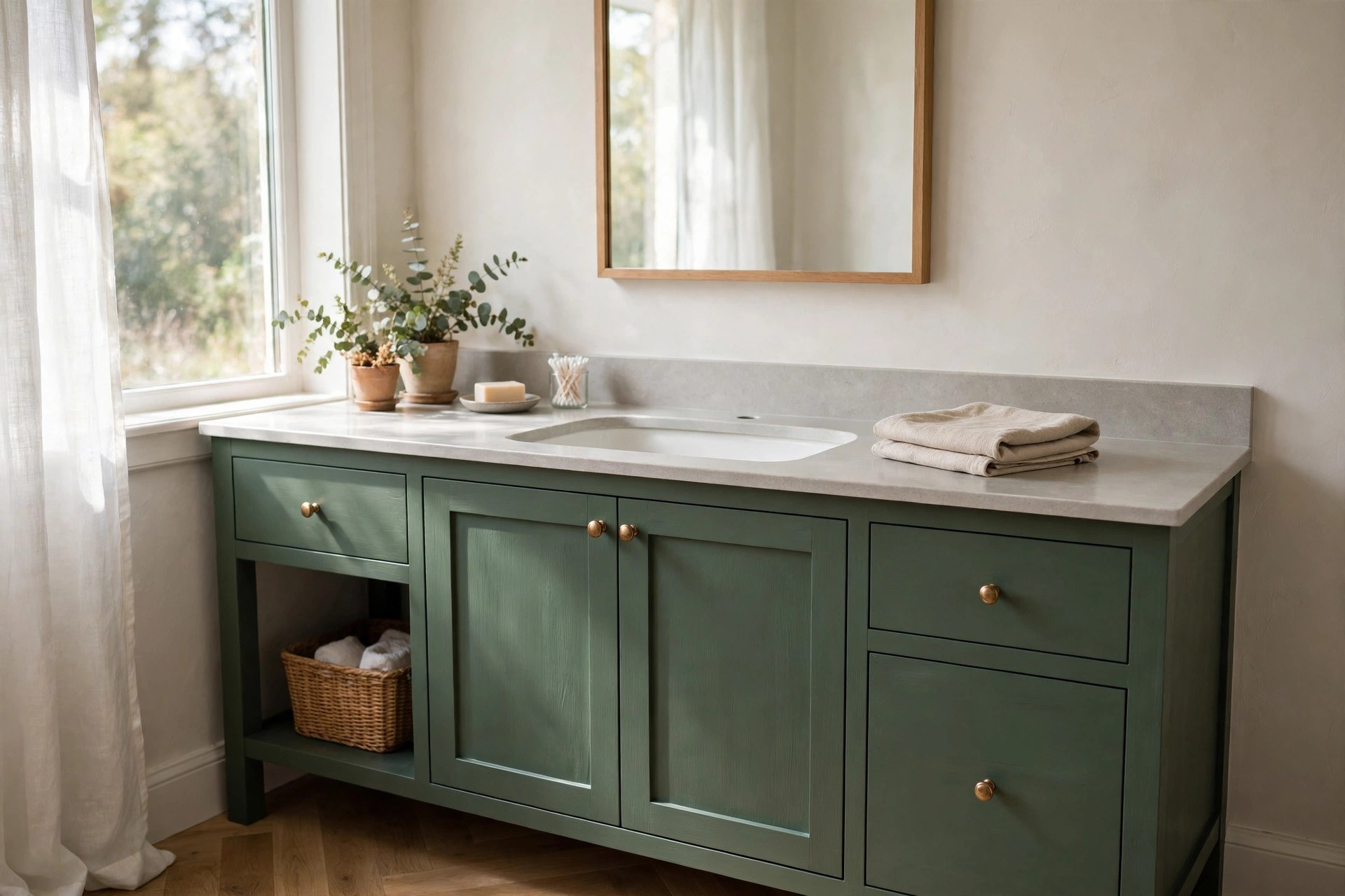Bathroom vanity painted deep sage green with brass knobs in a bathroom micro-makeover under $200