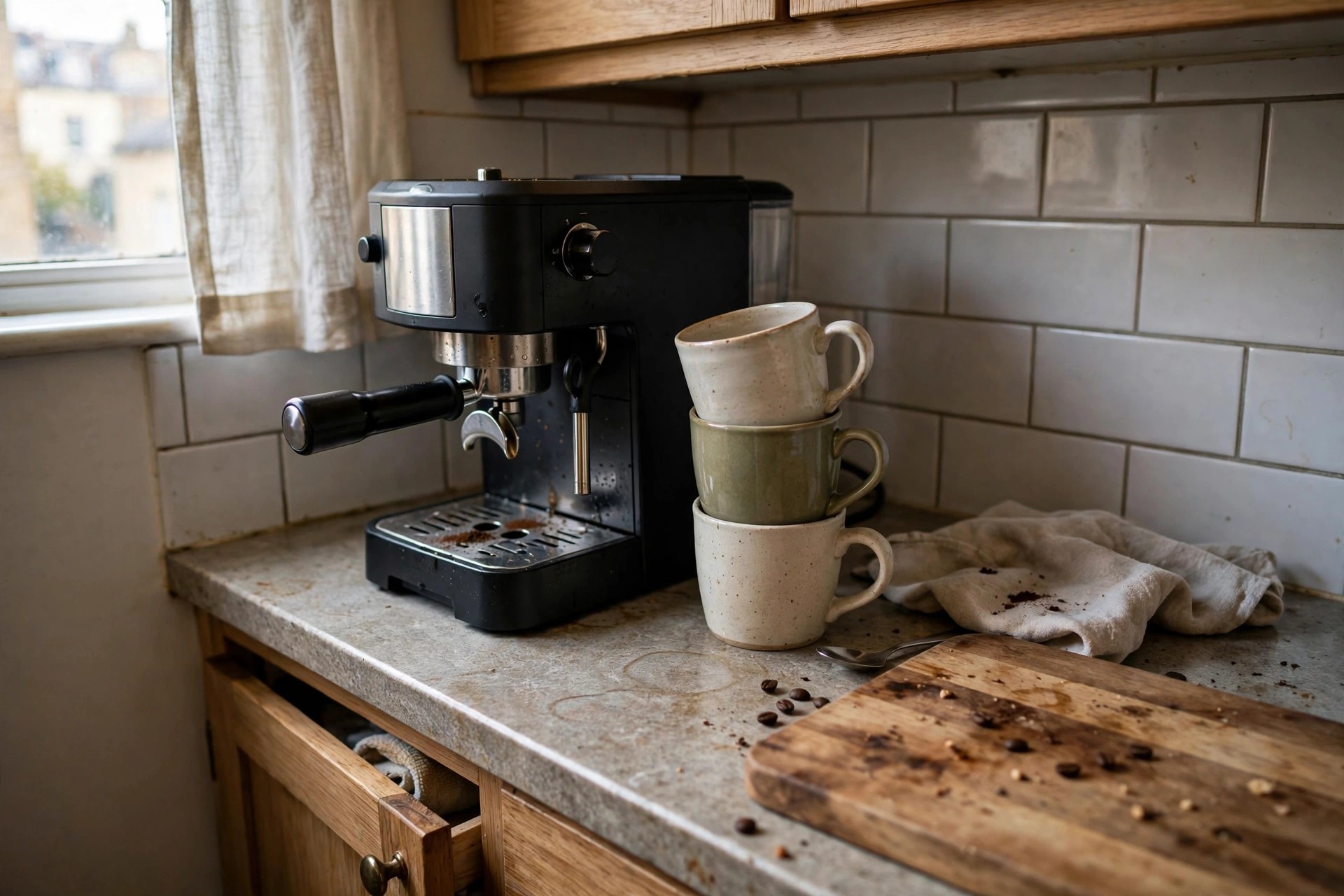 Countertop corner coffee station in a small apartment kitchen with a compact espresso machine and stacked mugs
