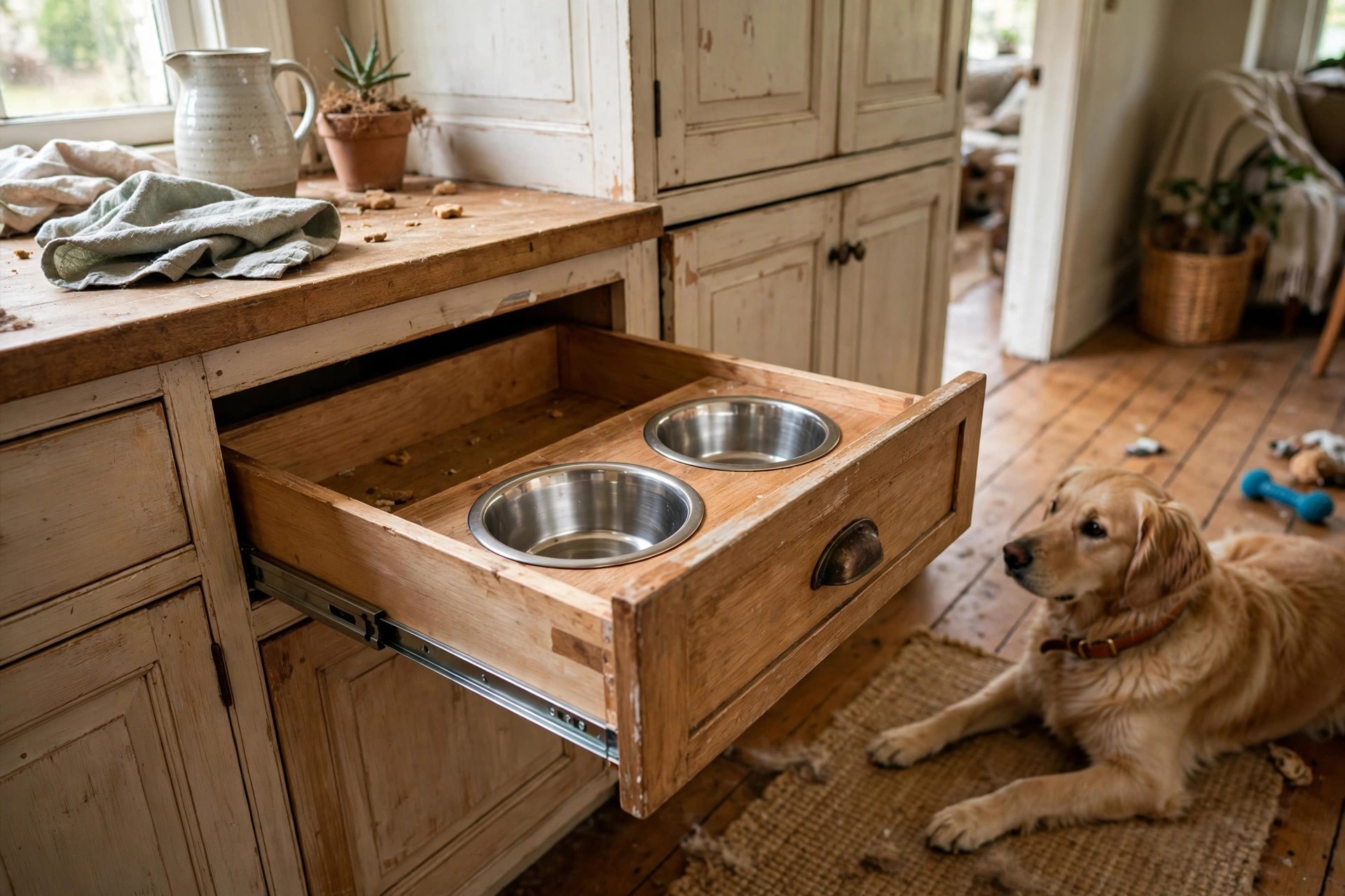 Built-in kitchen drawer feeding station with two stainless bowls set into the open drawer front