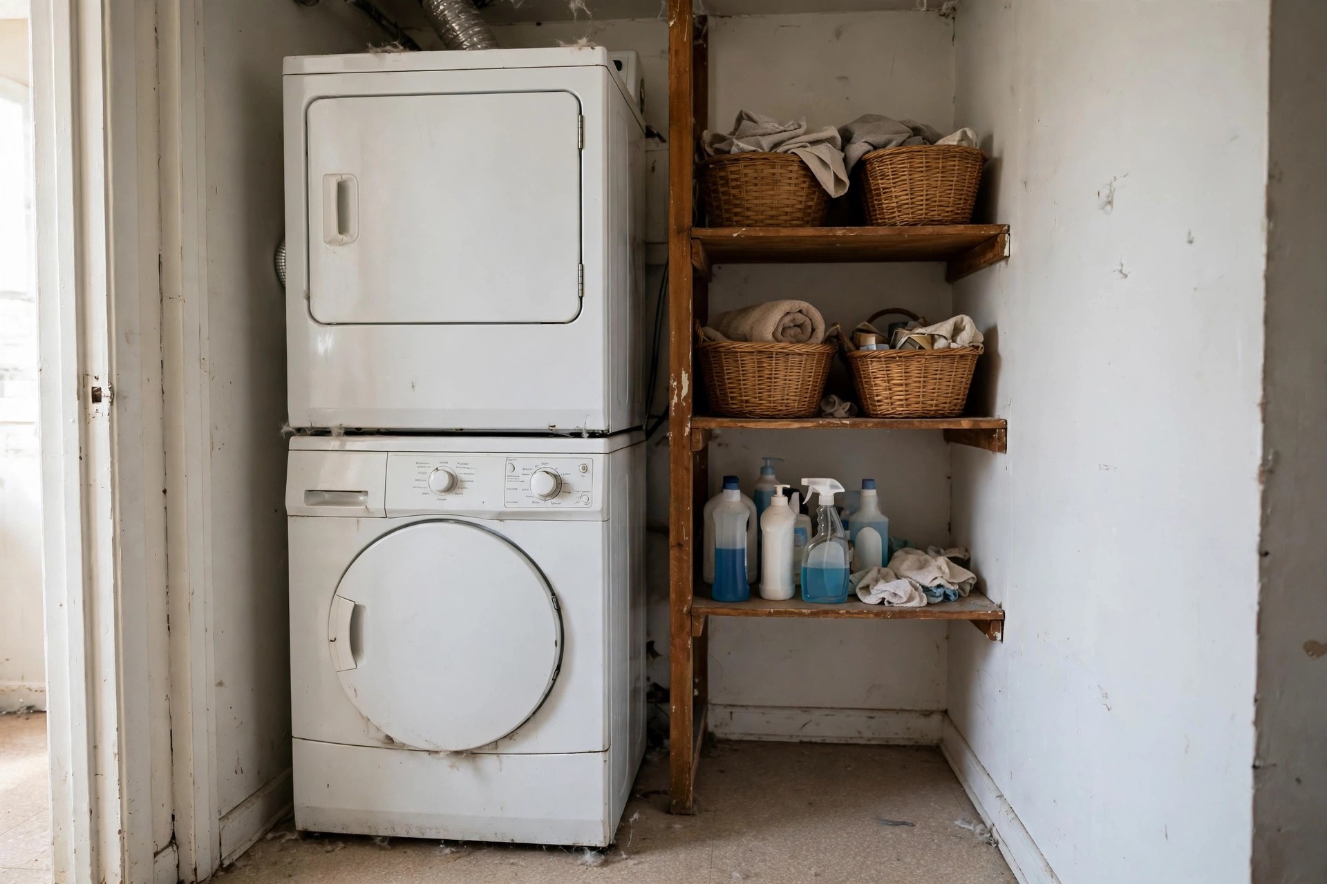 Stacked washer and dryer in an apartment laundry closet with shelves of baskets beside them