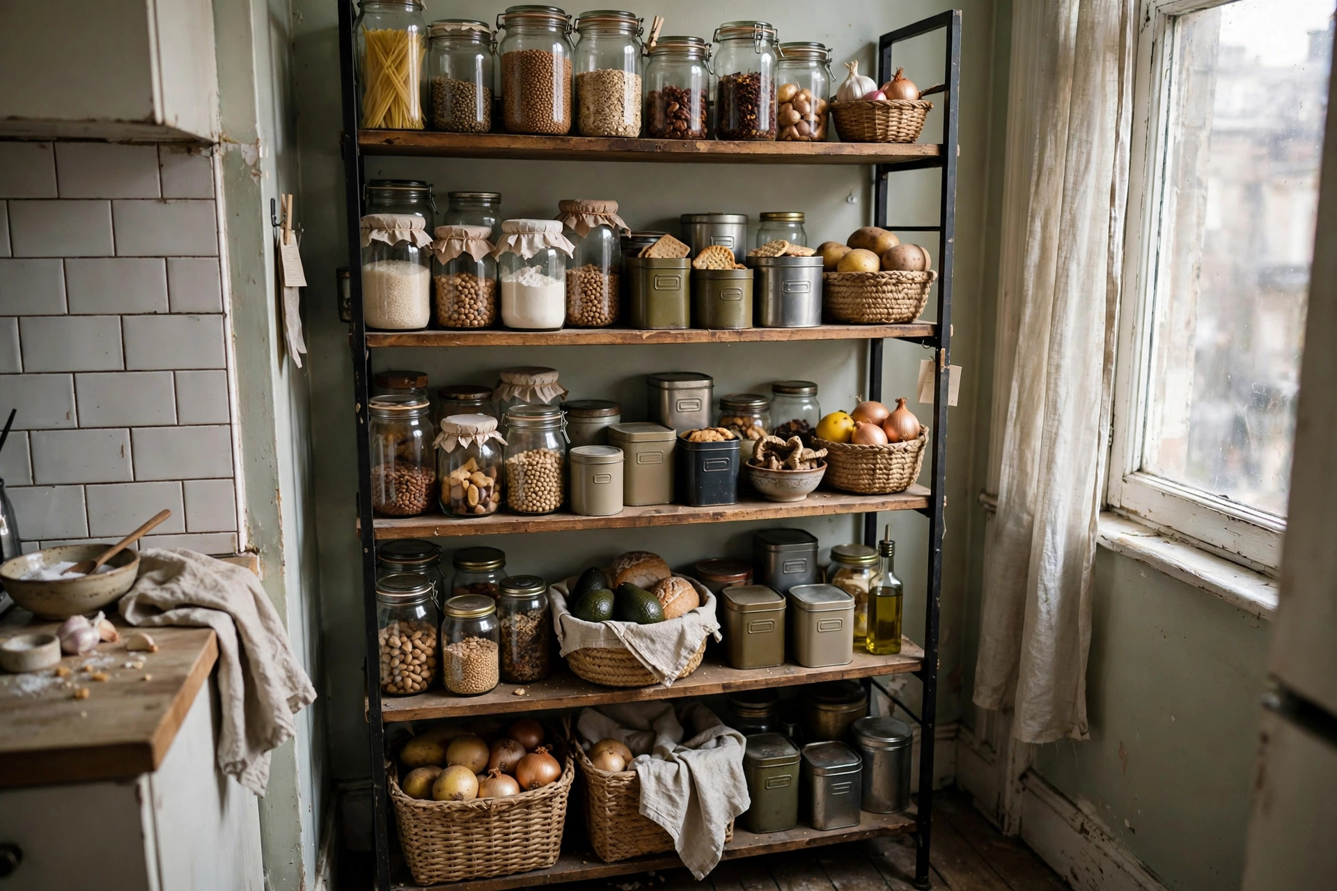 Freestanding shelving unit used as a pantry wall in a small apartment kitchen with jars and baskets