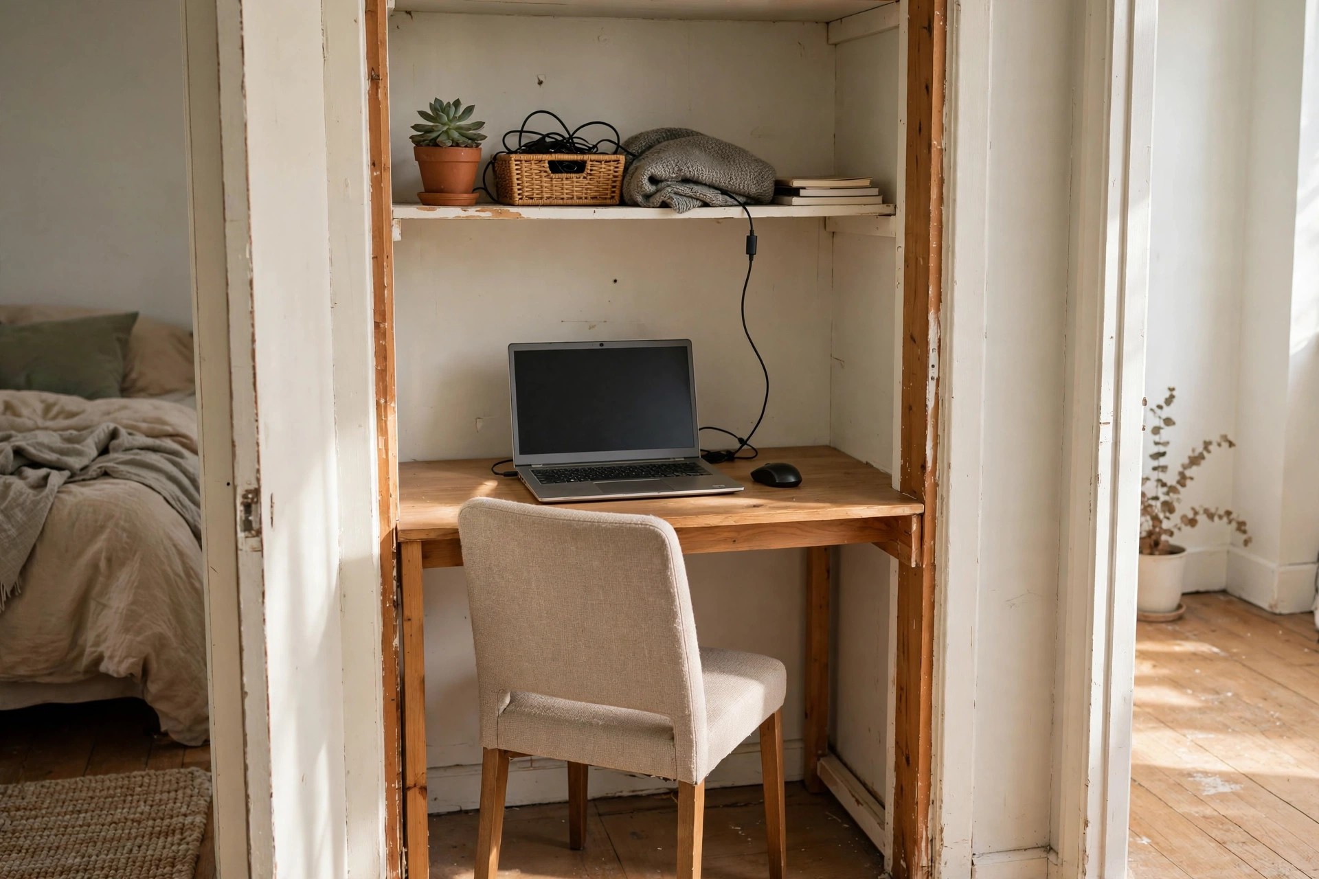Bedroom closet with doors removed and a small desk with laptop and chair tucked inside