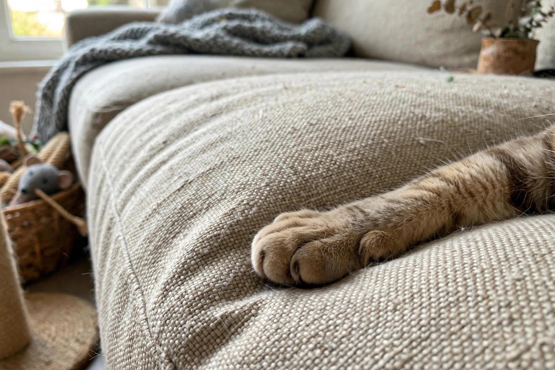 Close view of a tight-weave fabric sofa in a cat-friendly living room with a cat paw resting on the cushion without snagging