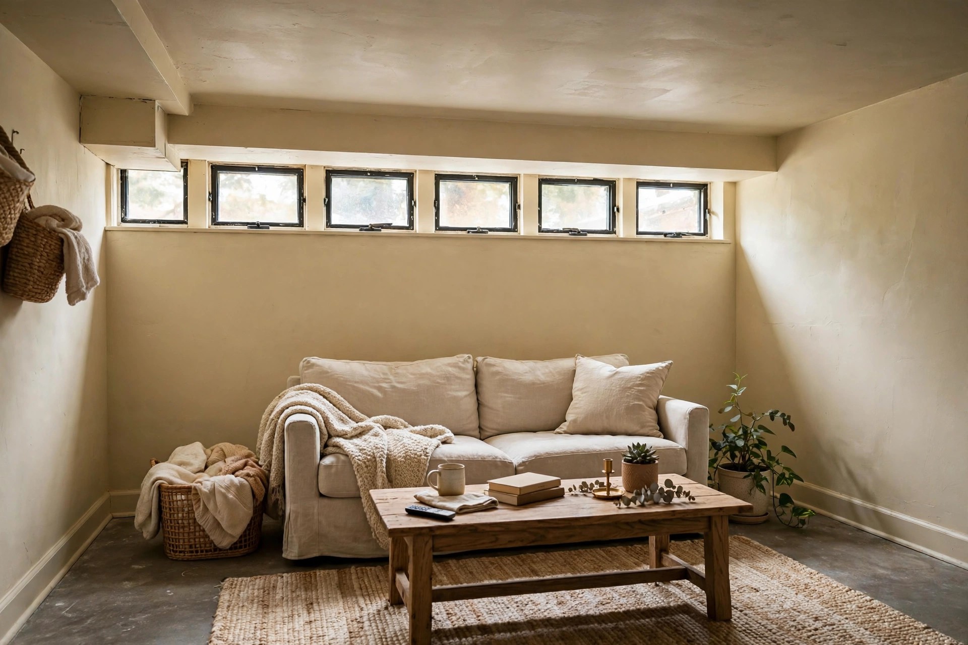 Basement living room with walls and ceiling painted one warm pale colour and a light sofa below small high windows