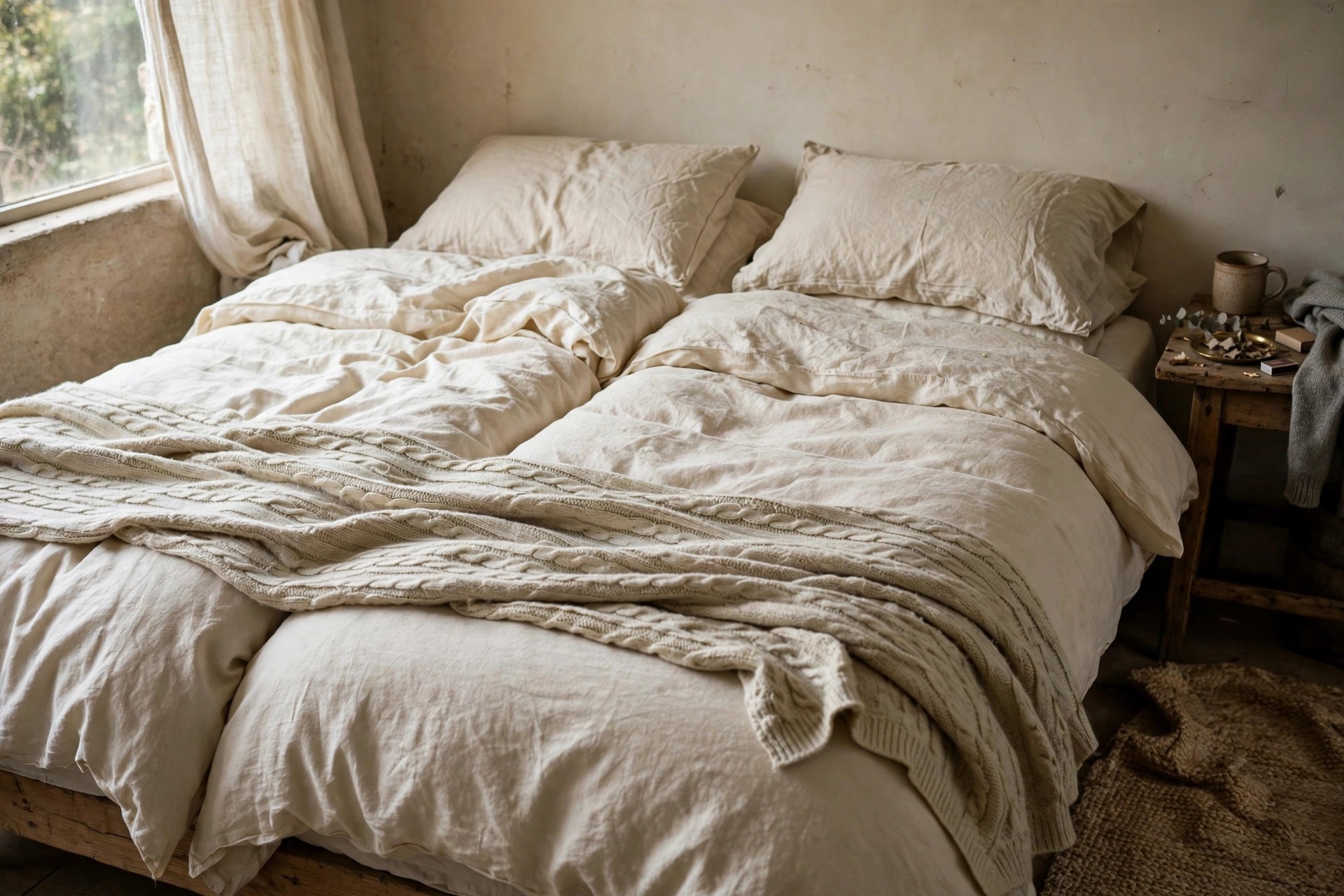 Shared bed made with two separate single duvets side by side for couples on different sleep schedules