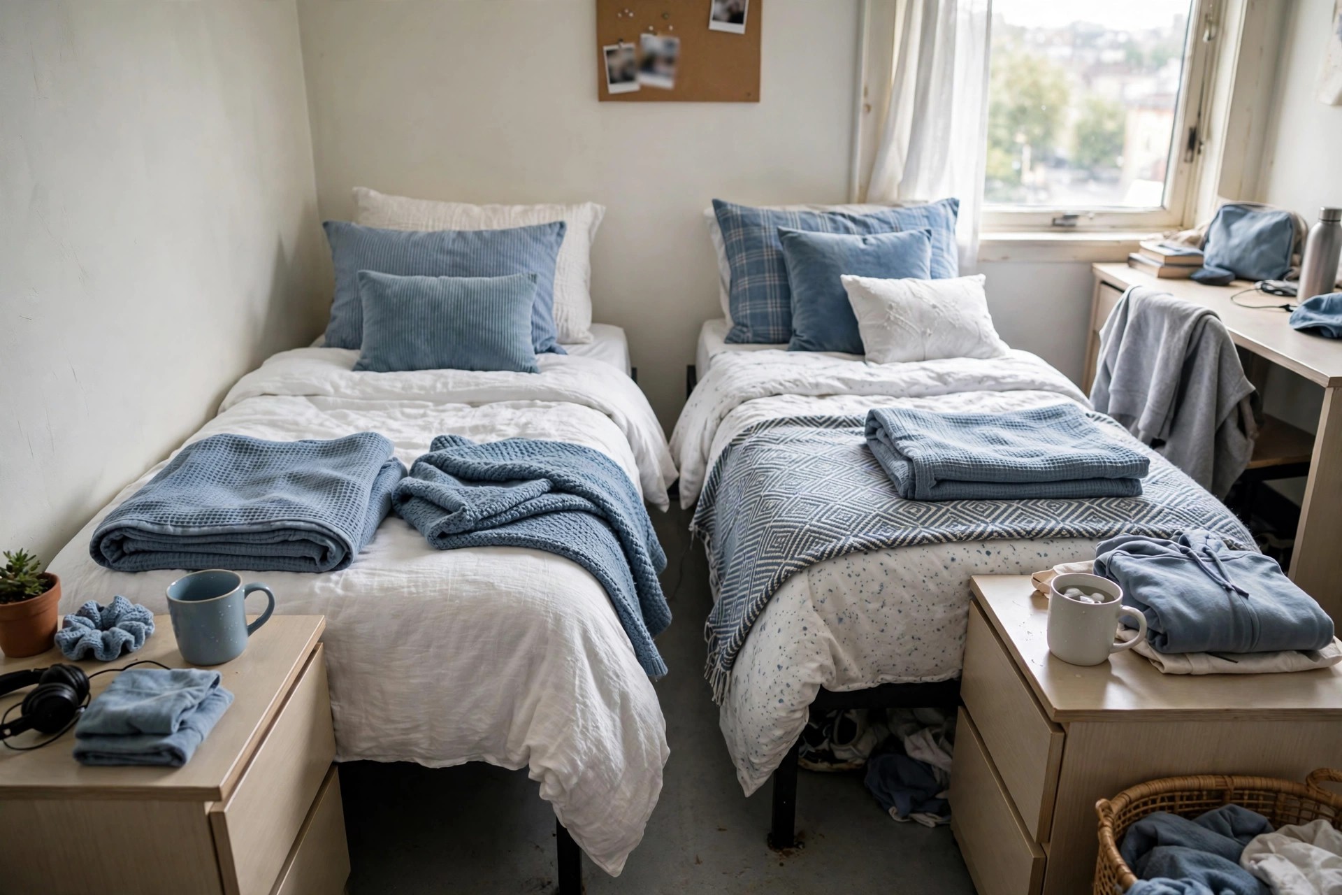 Two dorm beds with coordinated white and dusty blue bedding and different cushions on each side for a shared roommate room