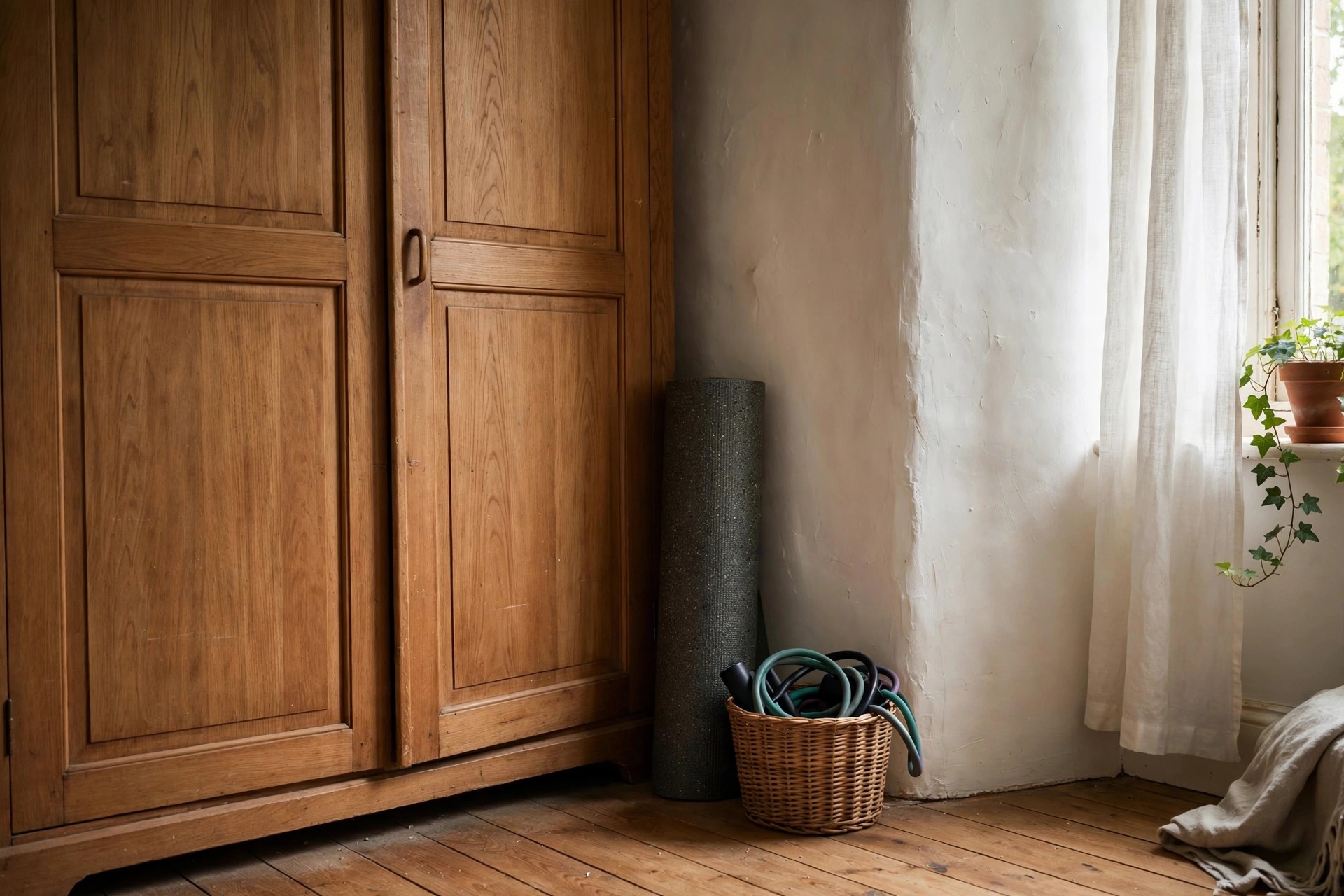 Home gym corner ideas in a bedroom using a dead corner beside the wardrobe with a rolled mat and small rack