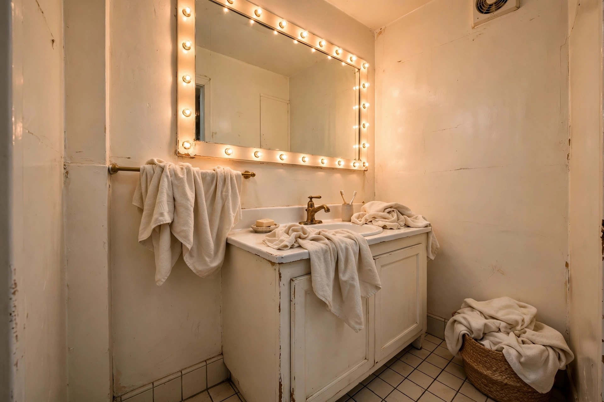 Warm white walls in a windowless bathroom glowing softly under warm mirror lights