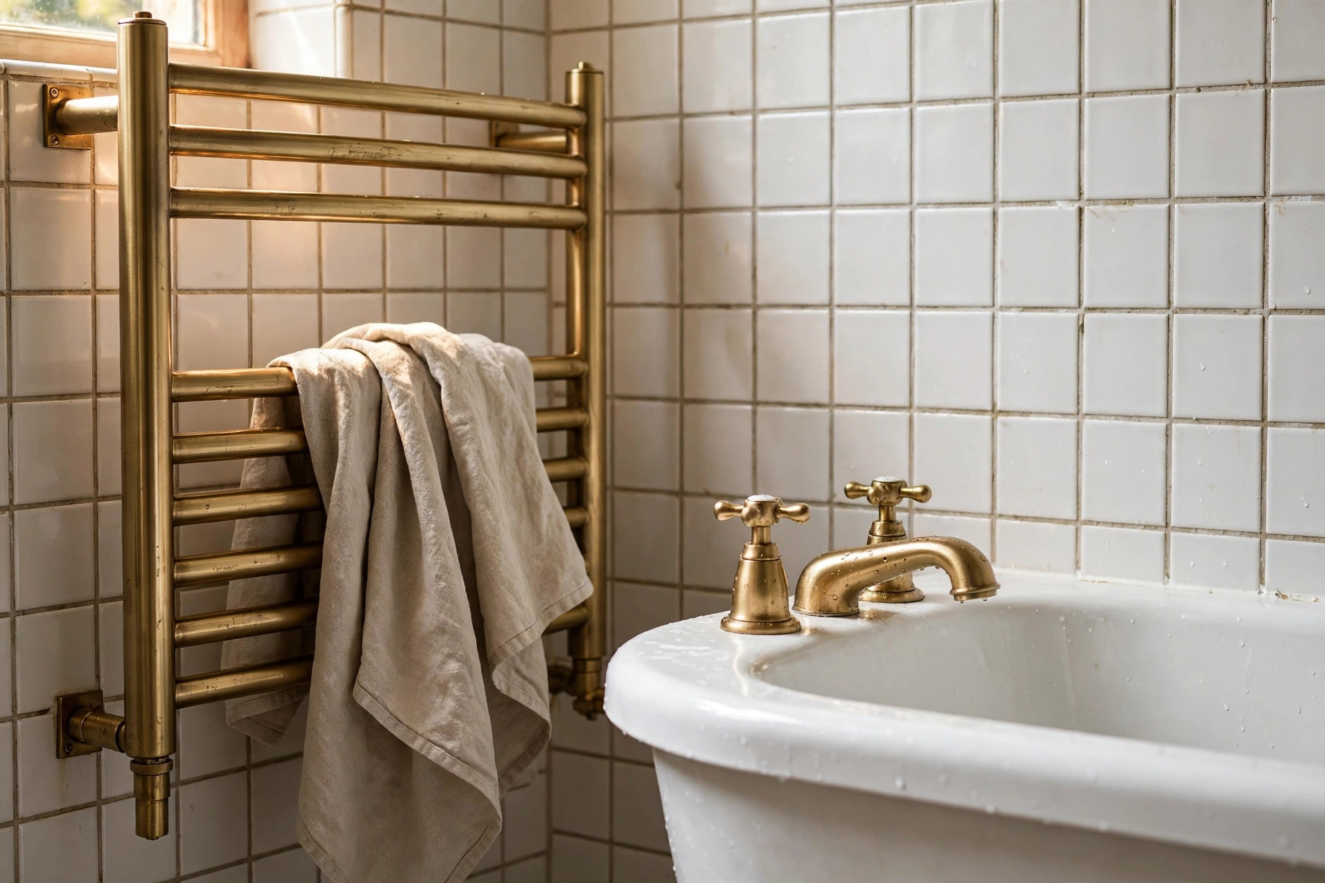 Brushed metal grab bar styled like a designer towel rail beside a bath in an aging in place bathroom for elderly parents