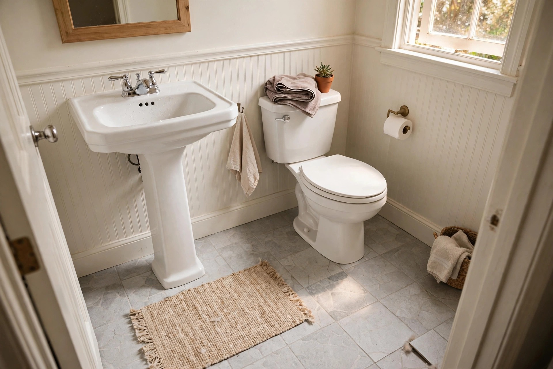 Pale grey peel-and-stick floor tiles covering a rental bathroom floor in a renter friendly bathroom idea with no drilling