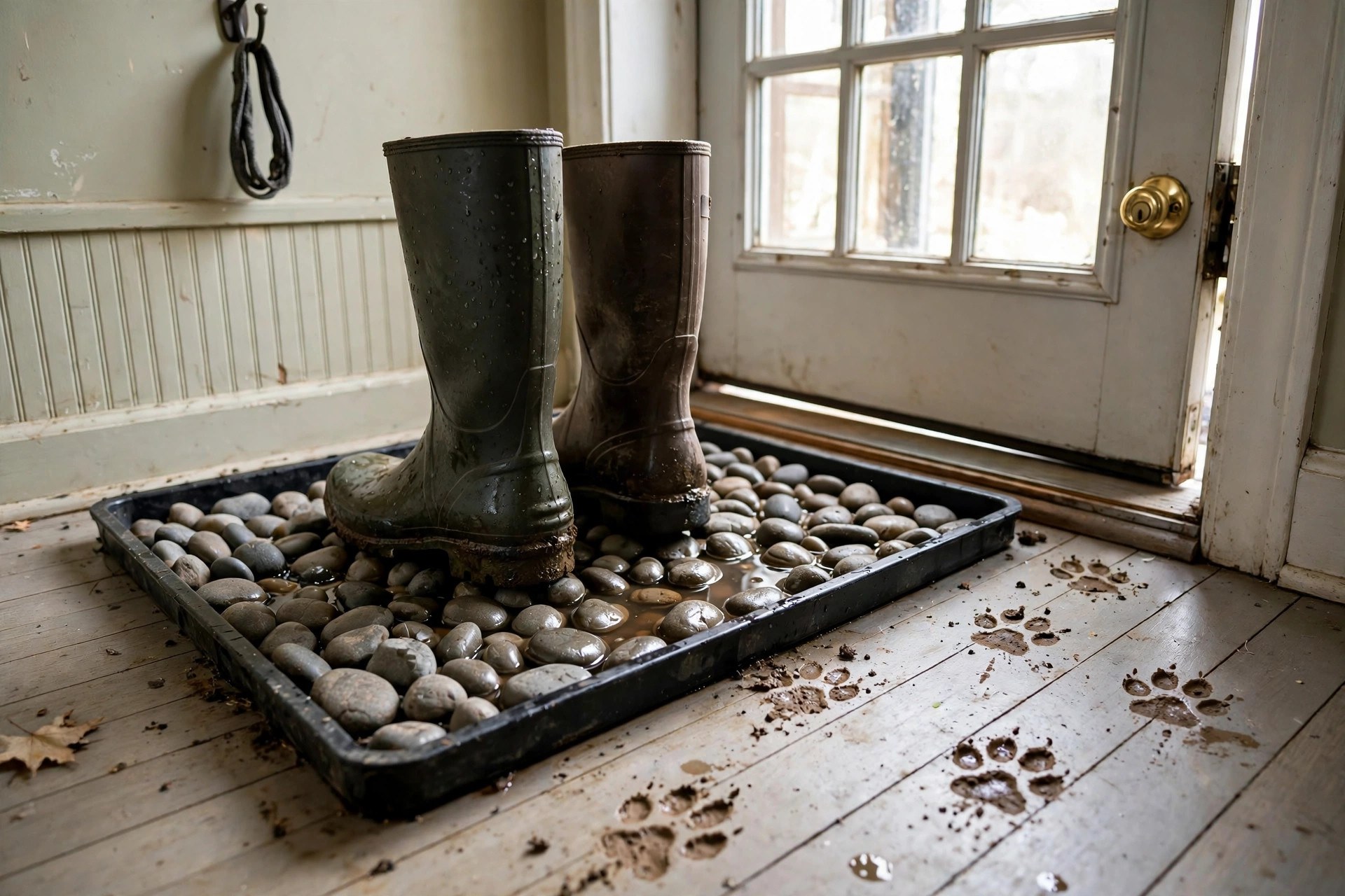 Boot tray lined with pebbles catching mud in a dog-friendly entryway idea for dog owners