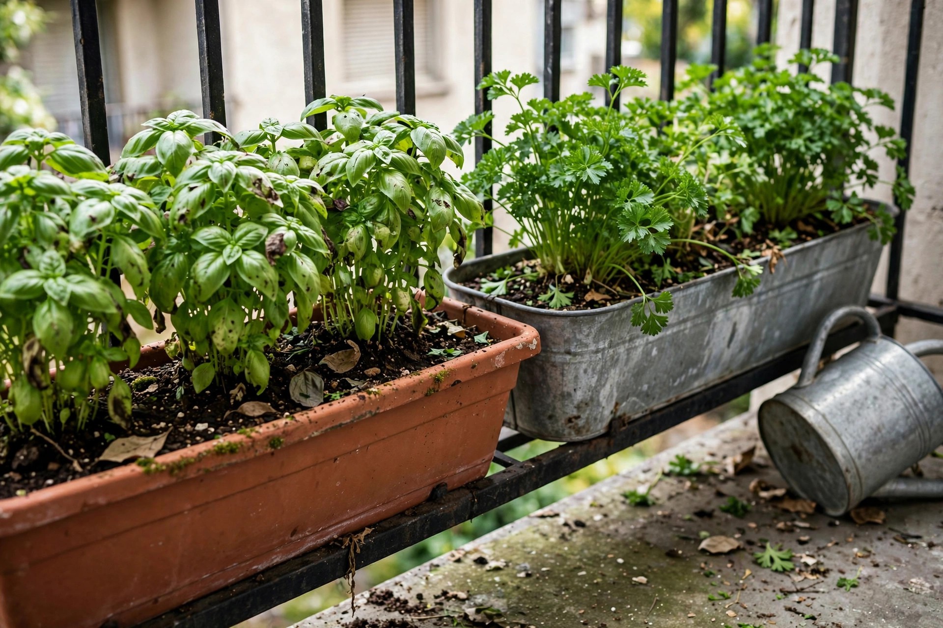 Railing planters filled with basil and parsley on a small balcony herb garden for apartments