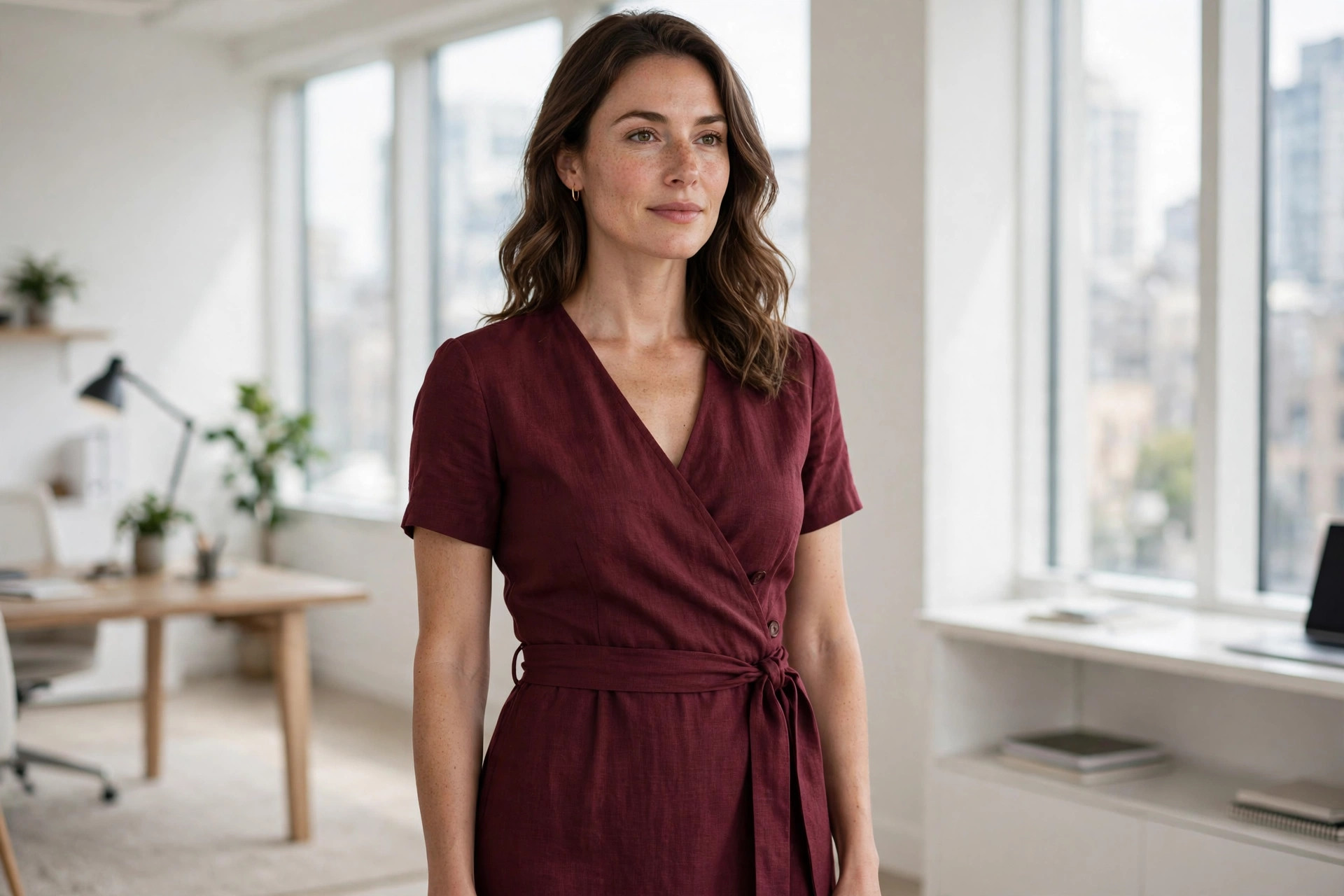 Hourglass woman wearing a burgundy belted wrap dress in a bright modern office