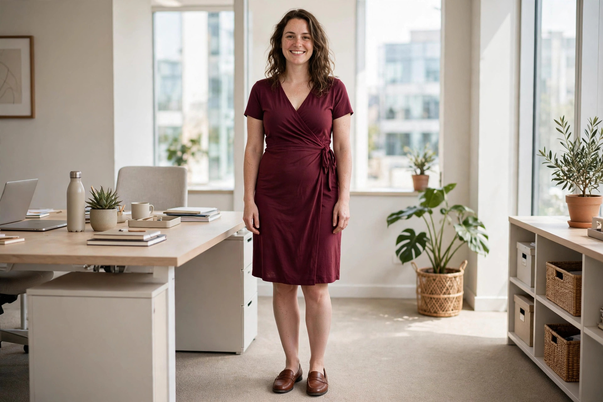 Woman wearing a burgundy wrap dress and brown loafers in a bright tidy office