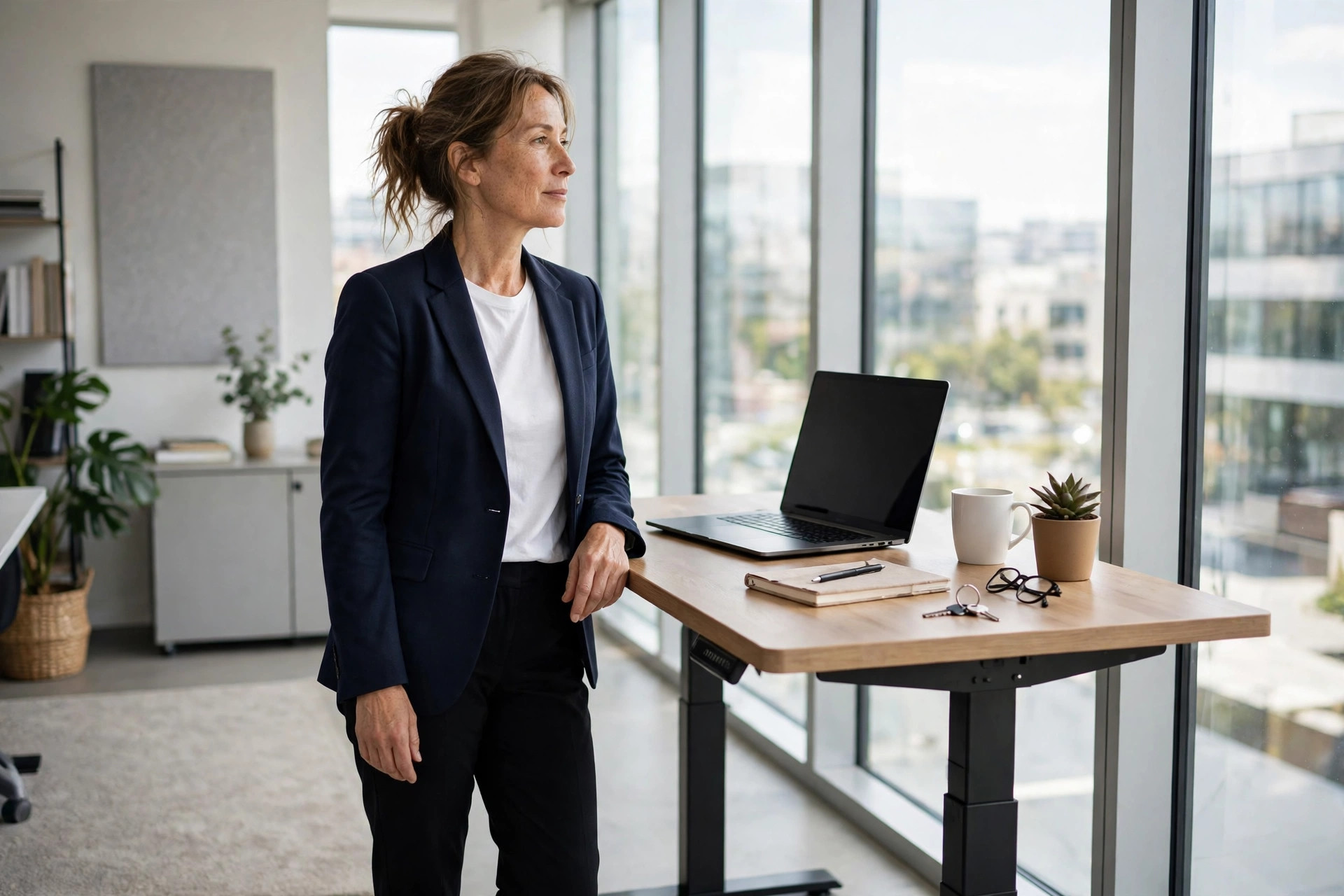 Navy blazer over a white t-shirt with black tailored trousers at a standing desk in a tech office