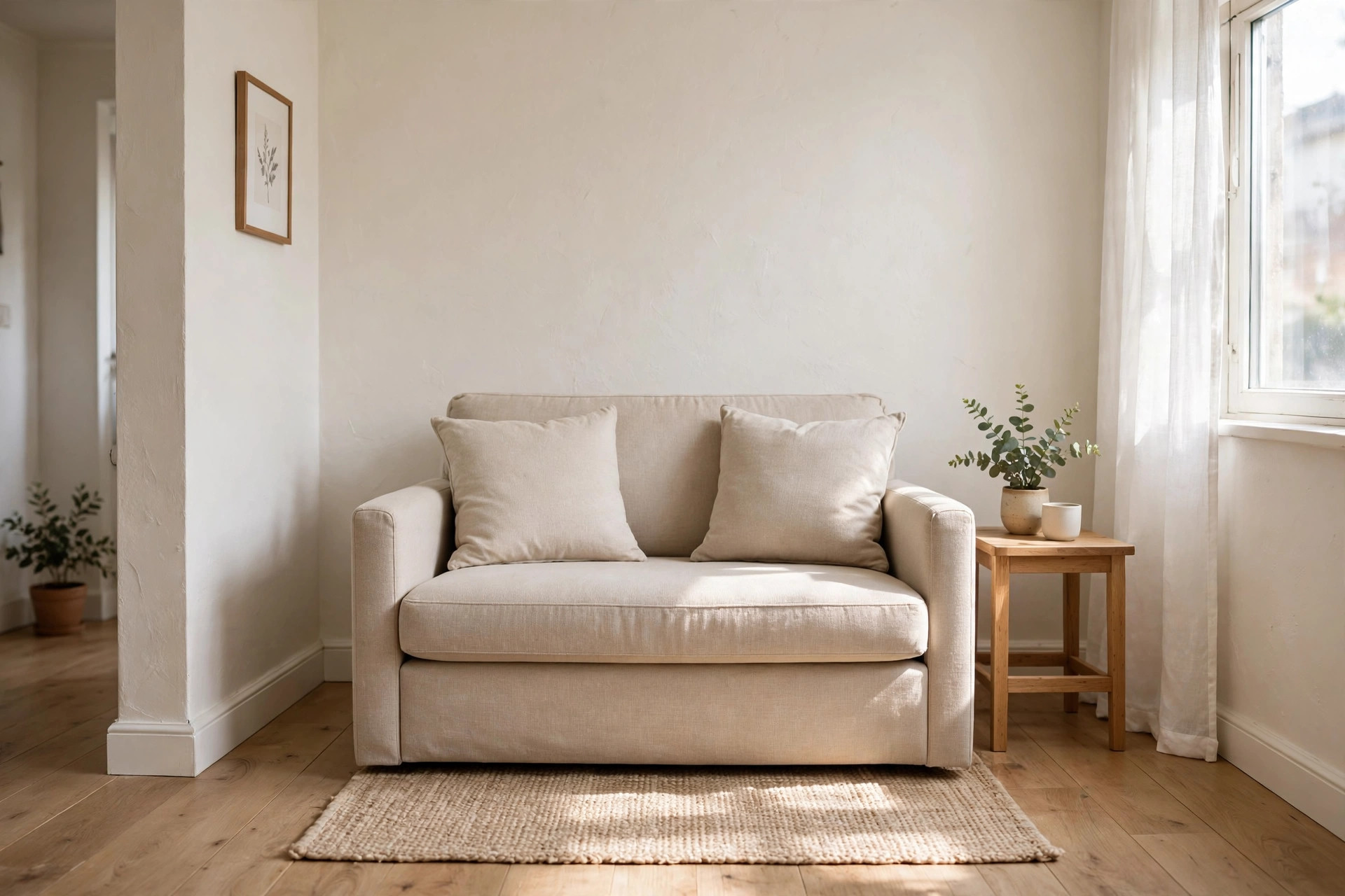 Compact beige loveseat with two cushions on a woven rug beside a small wooden side table in a small apartment living room
