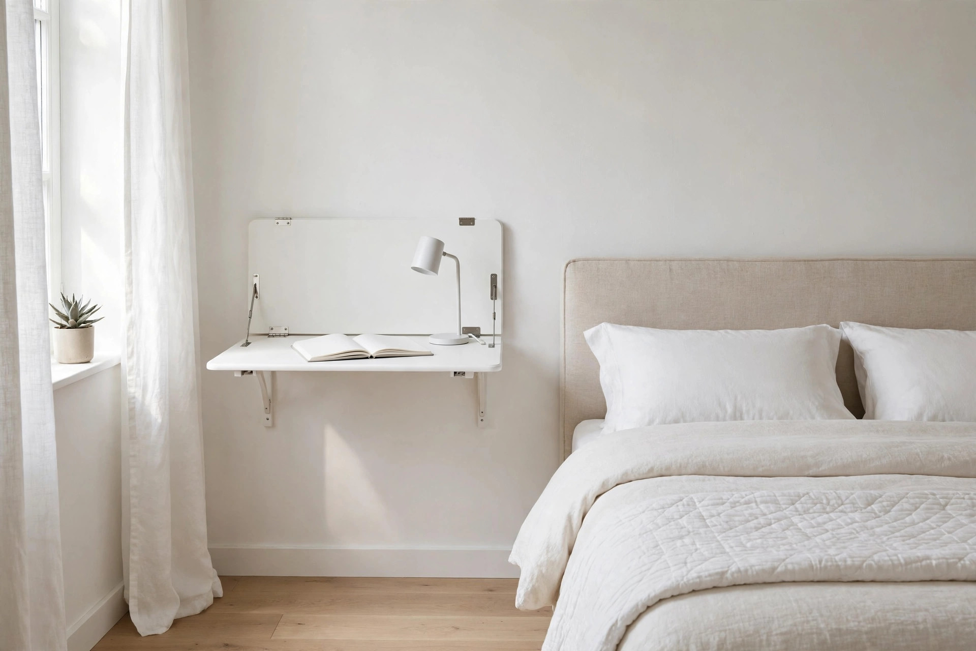 White wall-mounted drop-leaf fold-down desk open beside a neatly made bed in a small bedroom