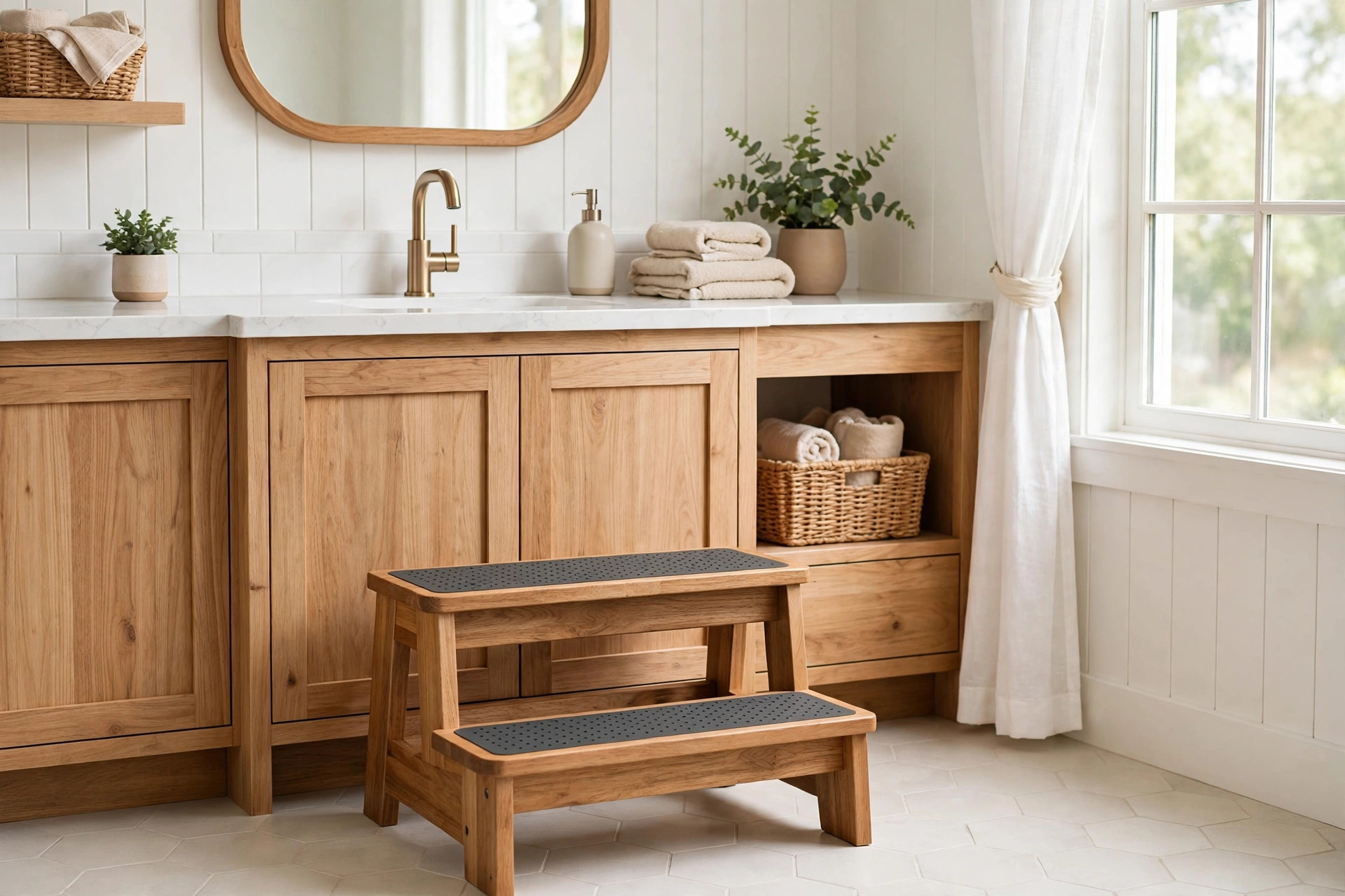 Sturdy two-step wooden stool with non-slip treads at a bathroom sink, a kids bathroom idea for toddlers