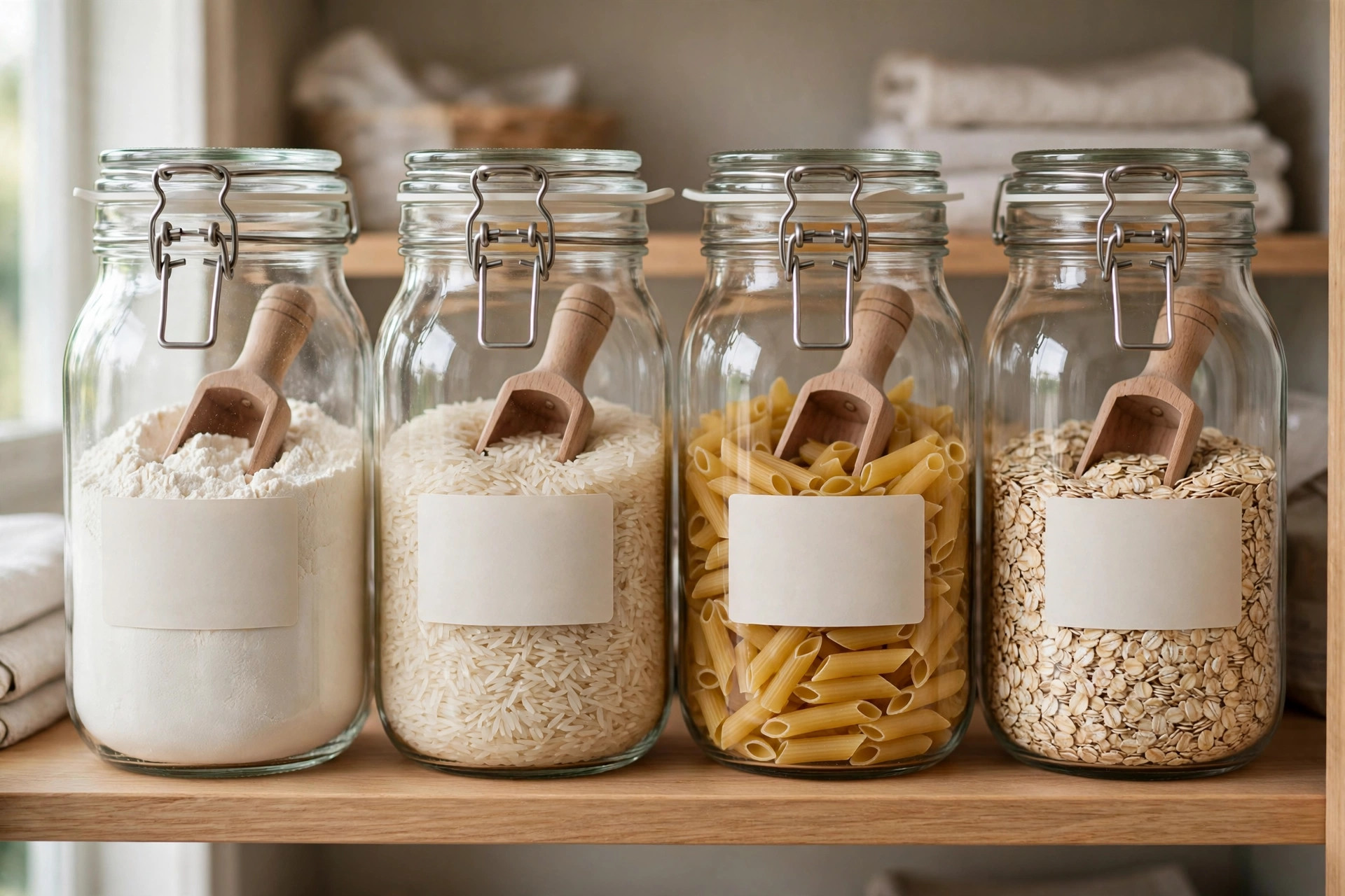 Four large glass clip-top jars of flour, rice, penne and oats with wooden scoops and blank labels on a pantry shelf