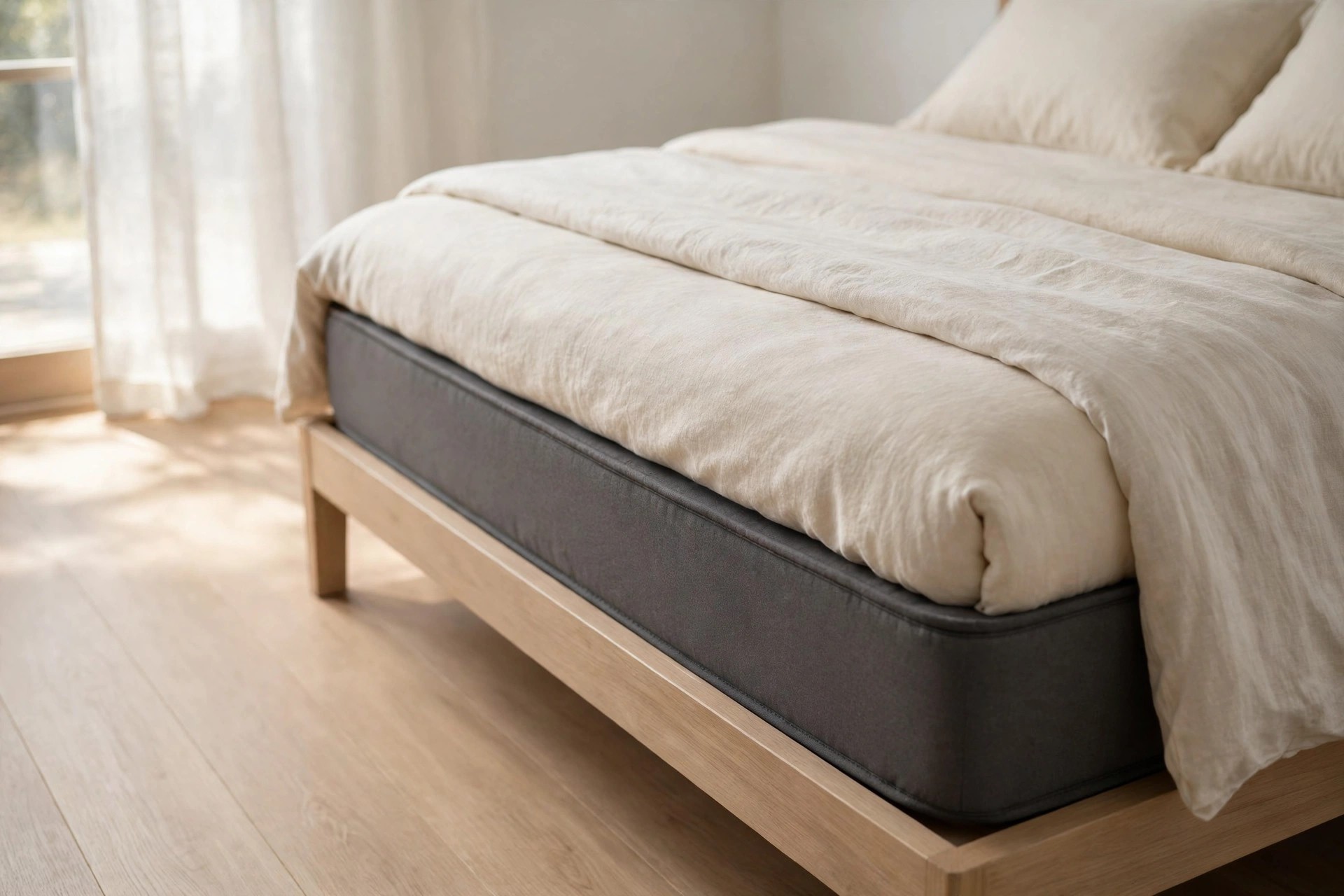 Close view of a firm mattress edge at comfortable sit-to-stand height with clear floor space beside the bed