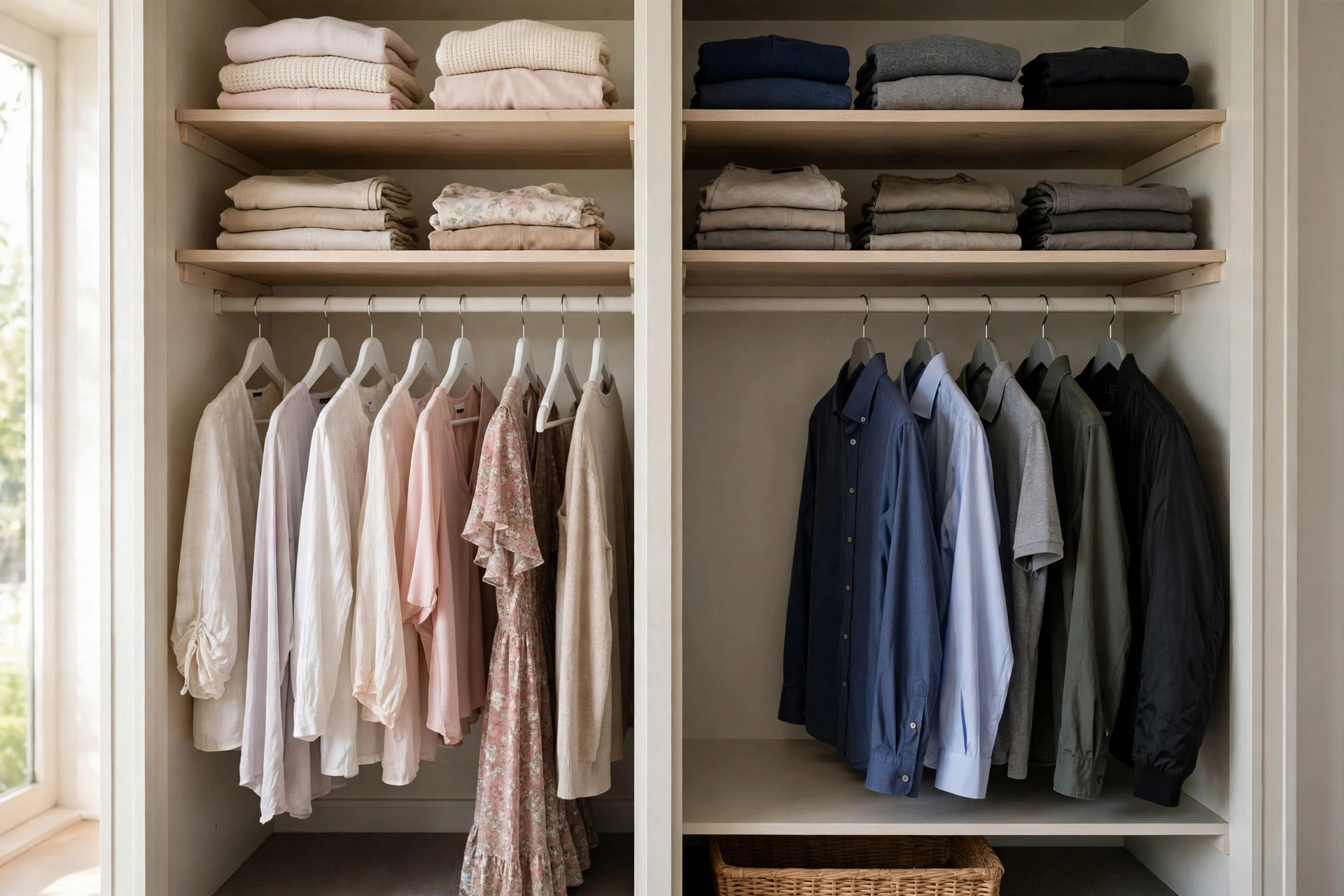 Small closet split into two clear zones with women's clothes on white hangers on the left and men's shirts on grey hangers on the right
