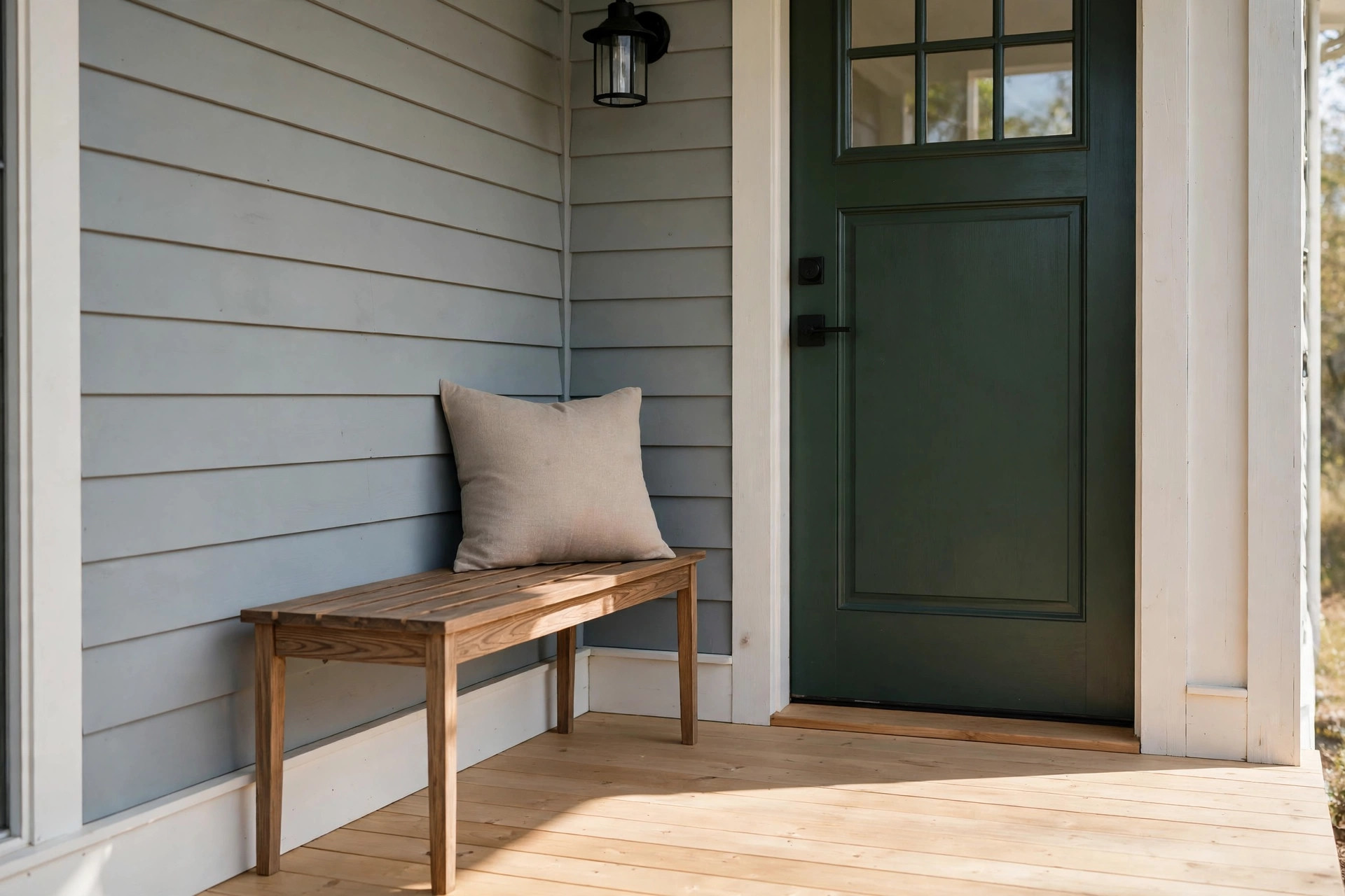 Slim wooden bench with a beige cushion against the wall of a small front porch beside a dark green door