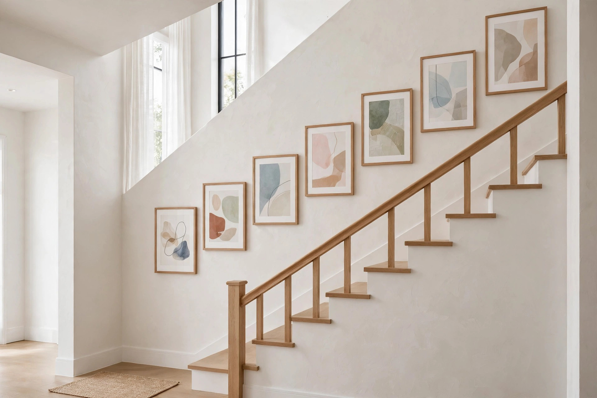 Framed prints following the diagonal angle of a staircase in a bright clean hallway