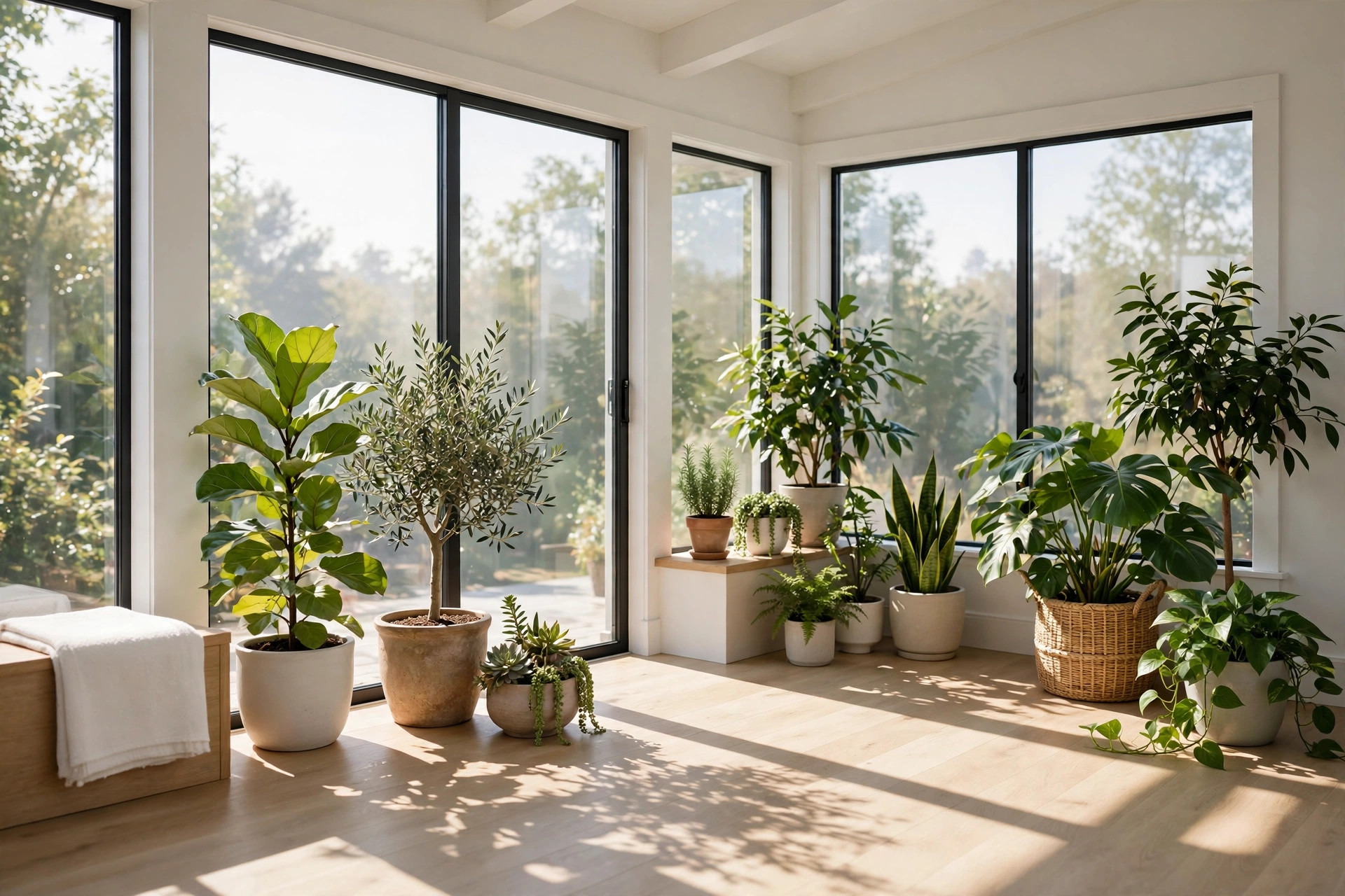 Sunroom with morning sunlight and soft shade falling across a light wood floor, with potted plants arranged in sunny and shady zones