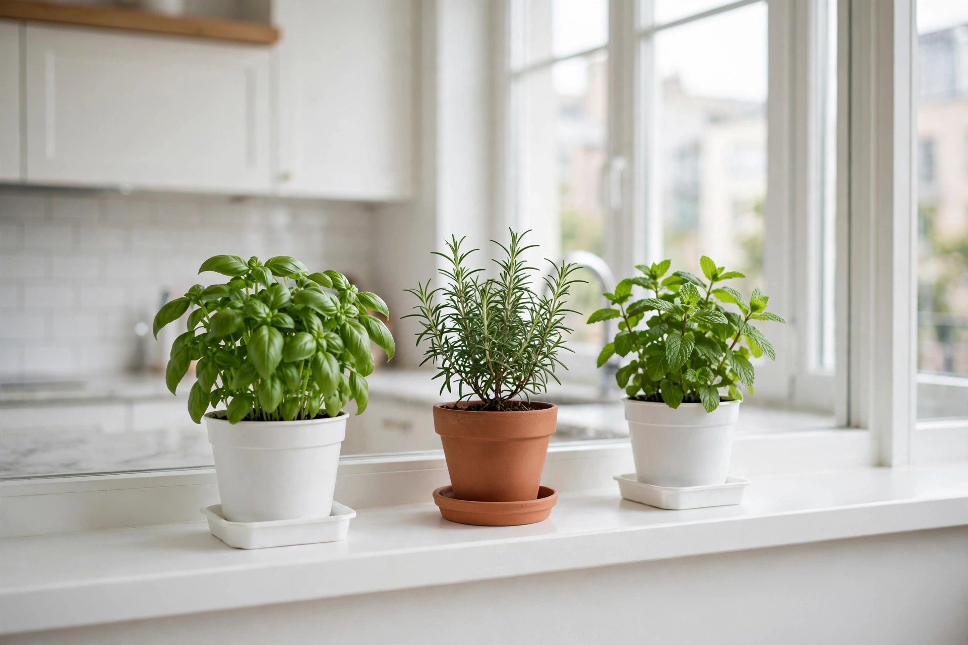 Windowsill herb garden with basil, rosemary and mint in clean pots on trays on a bright kitchen sill