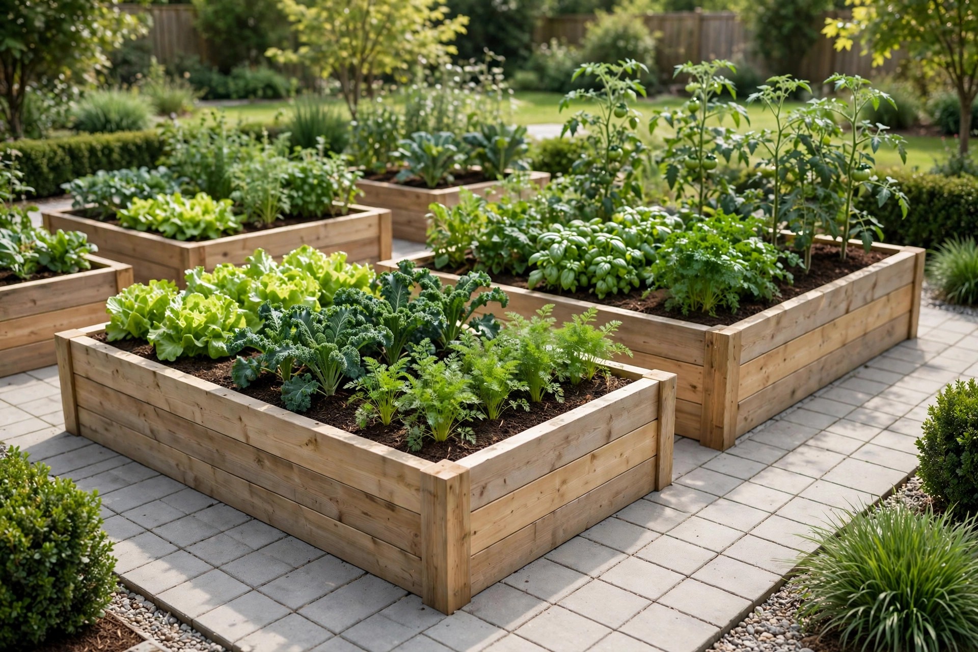 Tall waist-high timber raised beds full of lush vegetables beside a tidy paved path