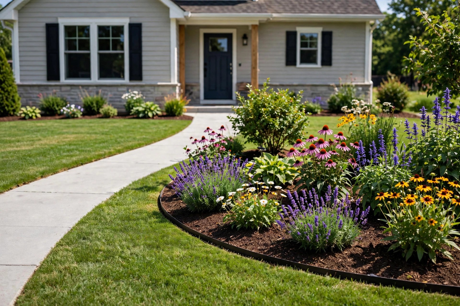 Curved flower bed with lavender and coneflowers sweeping alongside a clean front path