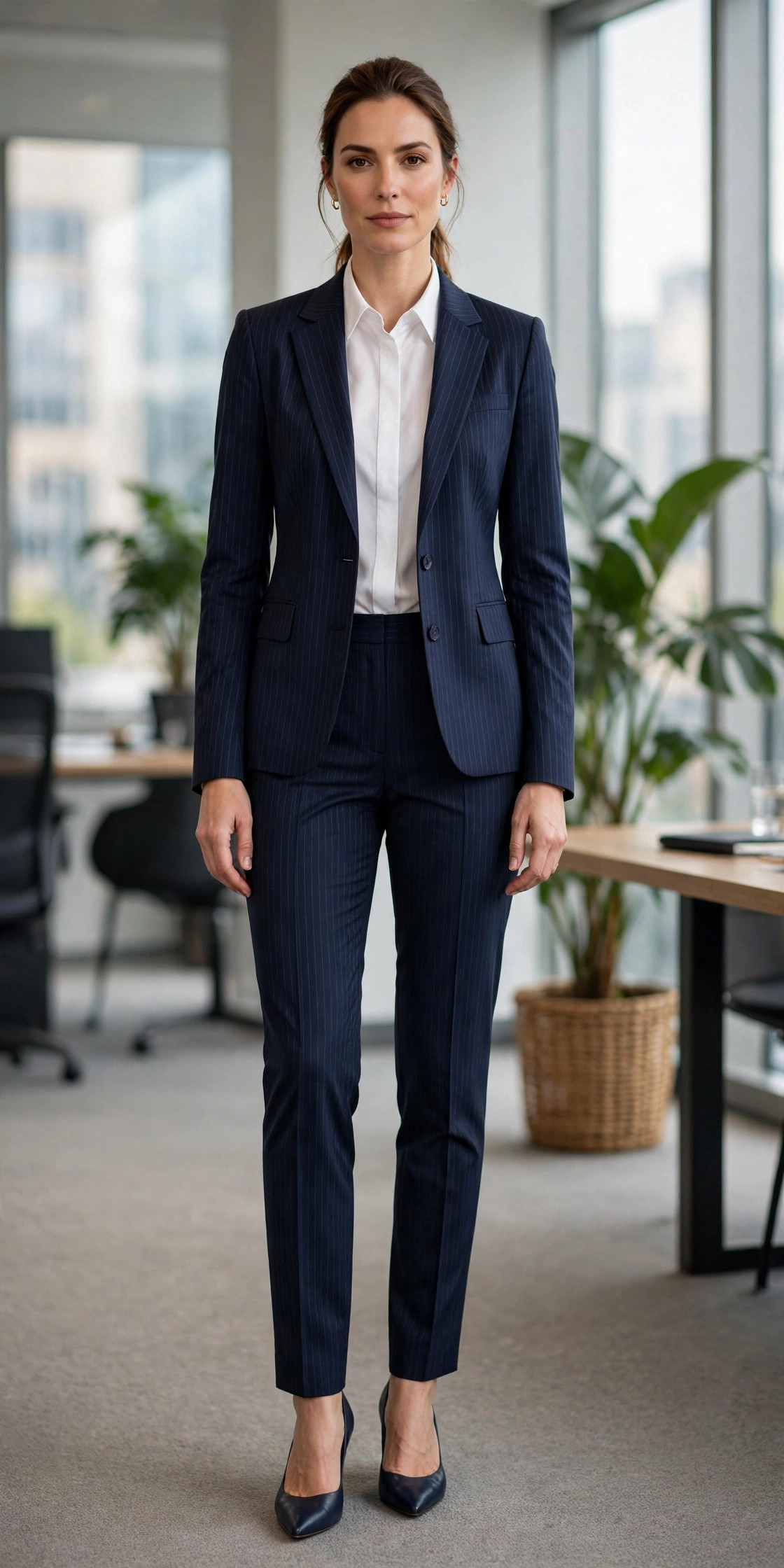 Navy pinstripe suit with high-rise front-crease trousers and navy pointed pumps, a vertical-line work outfit that makes short legs look longer