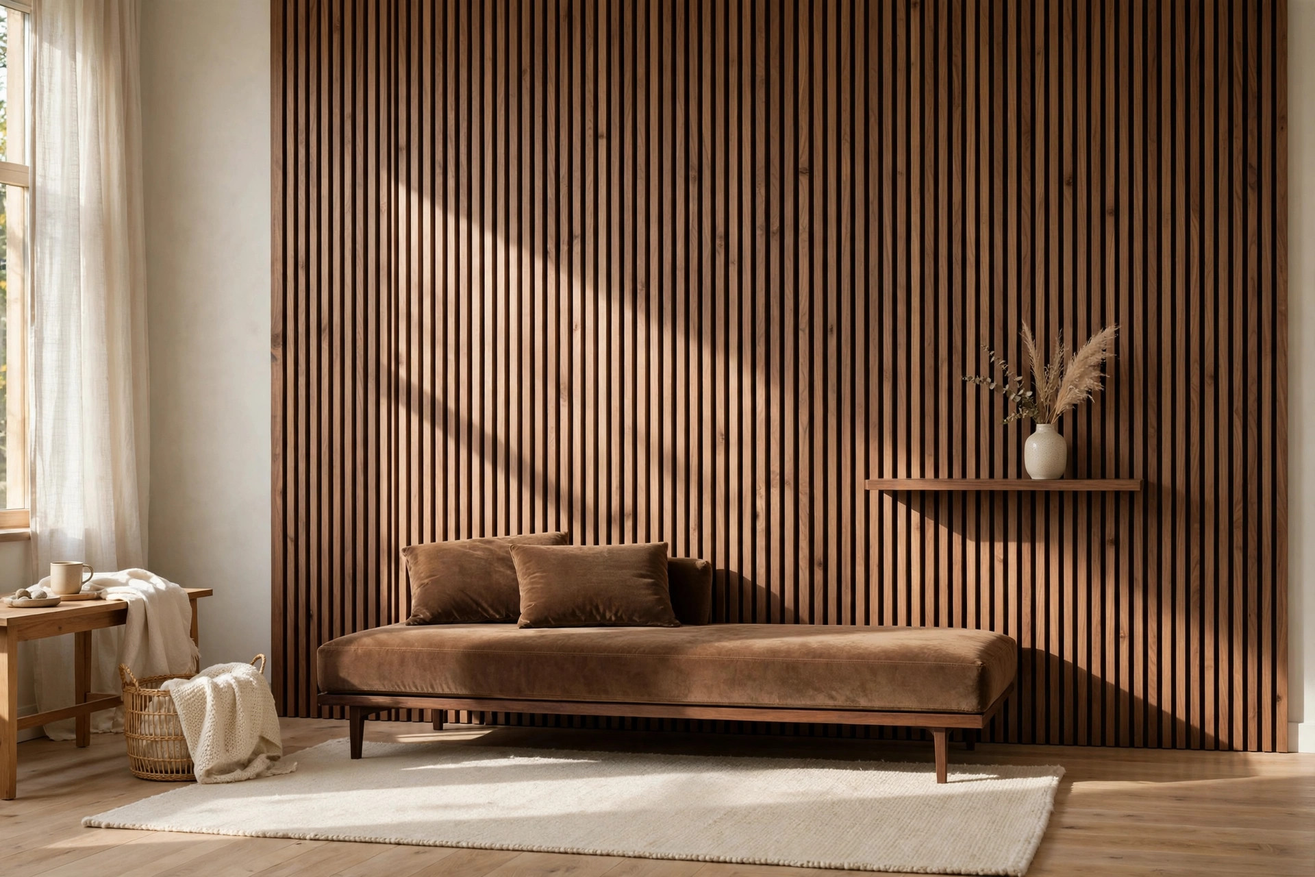 Walnut slat panel accent wall behind a brown sofa in a modern brown living room