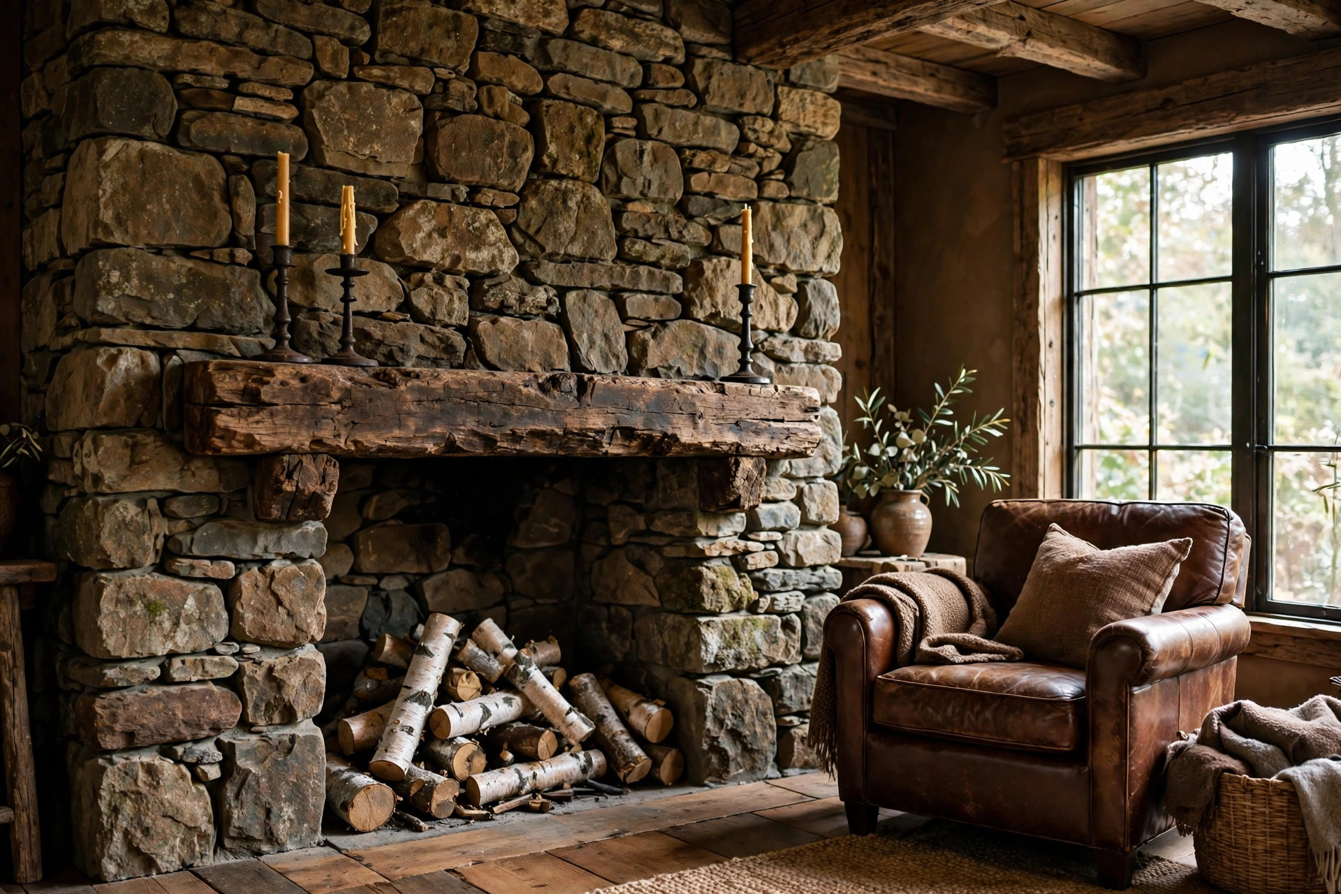 Floor-to-ceiling stone fireplace with a chunky timber mantel in a rustic brown living room