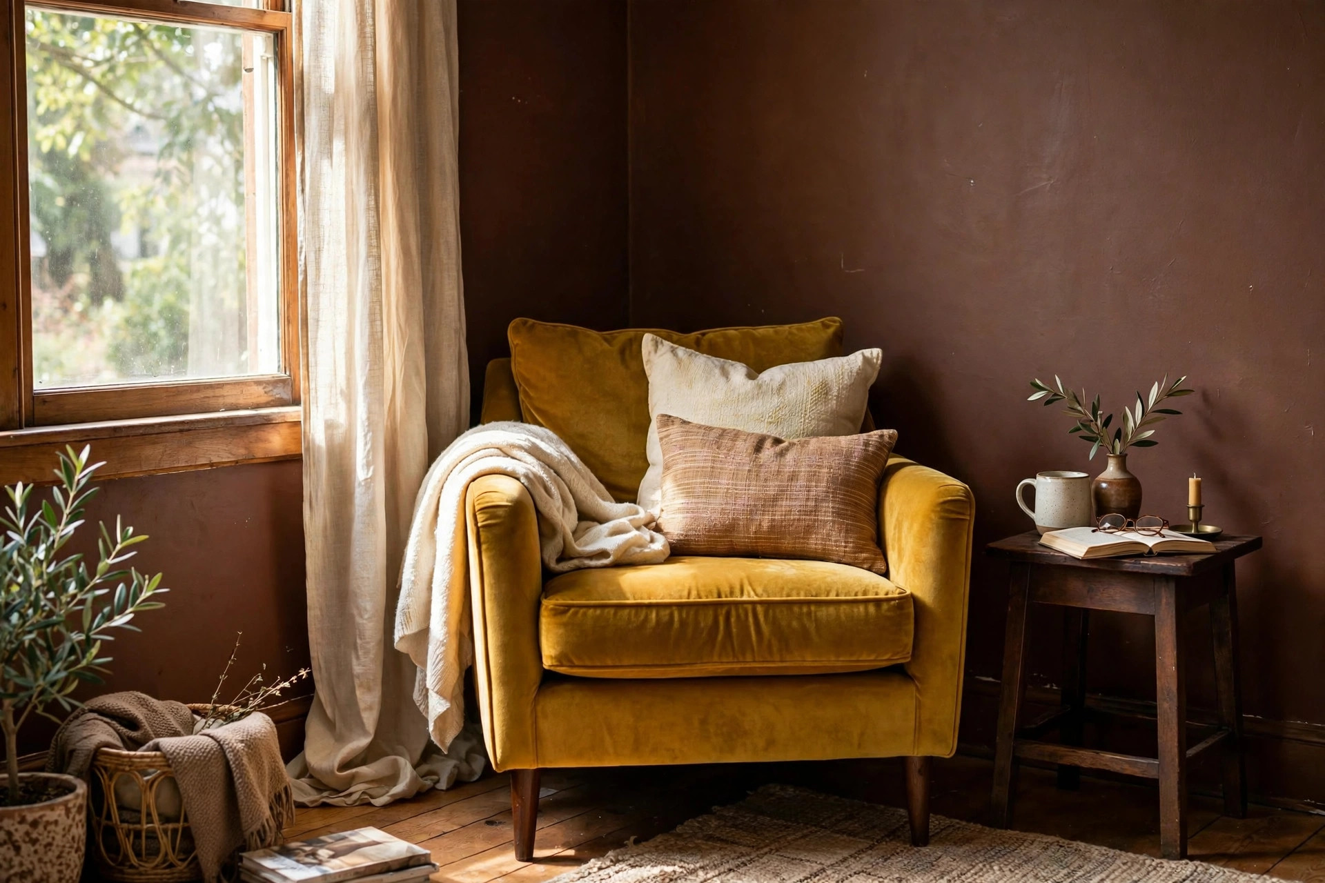 Mustard velvet armchair against cocoa brown walls in a cosy brown and yellow living room