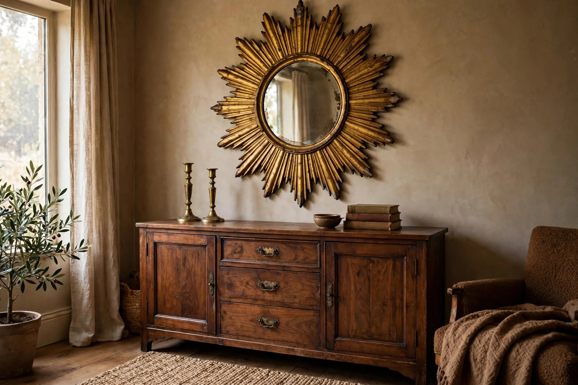 Antique gold sunburst mirror above a walnut sideboard in a brown and gold living room
