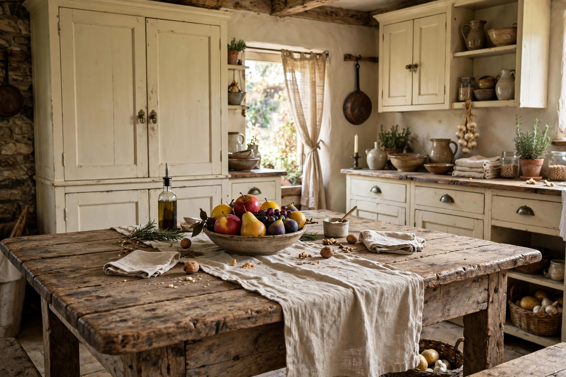 Big worn wooden farmhouse table at the centre of a village kitchen with a bowl of fruit