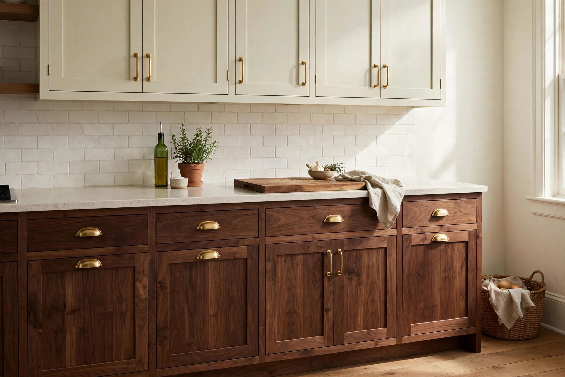 Earthy modern kitchen with walnut base cabinets and a pale painted upper run in a two-tone layout
