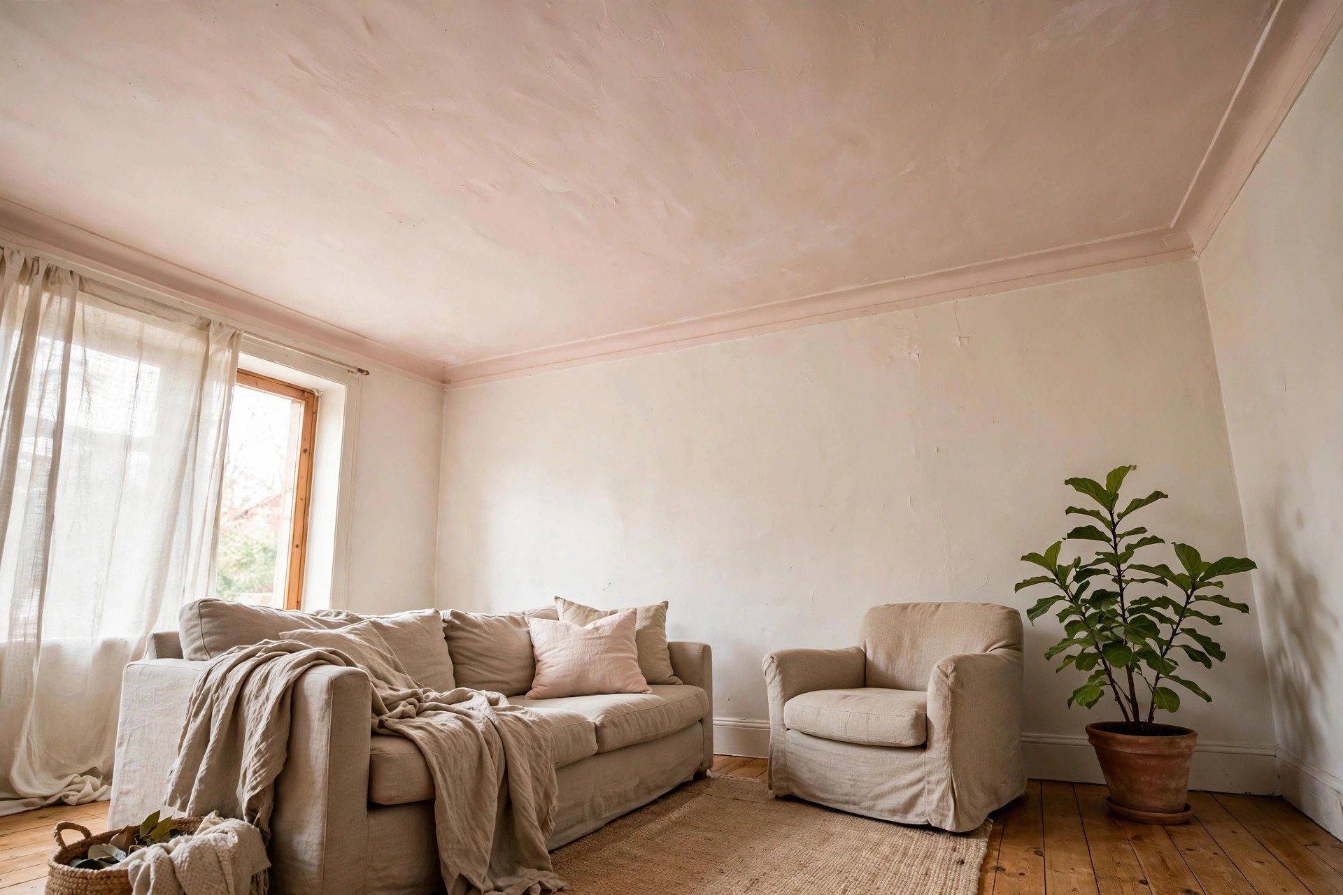 Living room refresh with a softly painted ceiling in a warm pale tone above neutral furniture